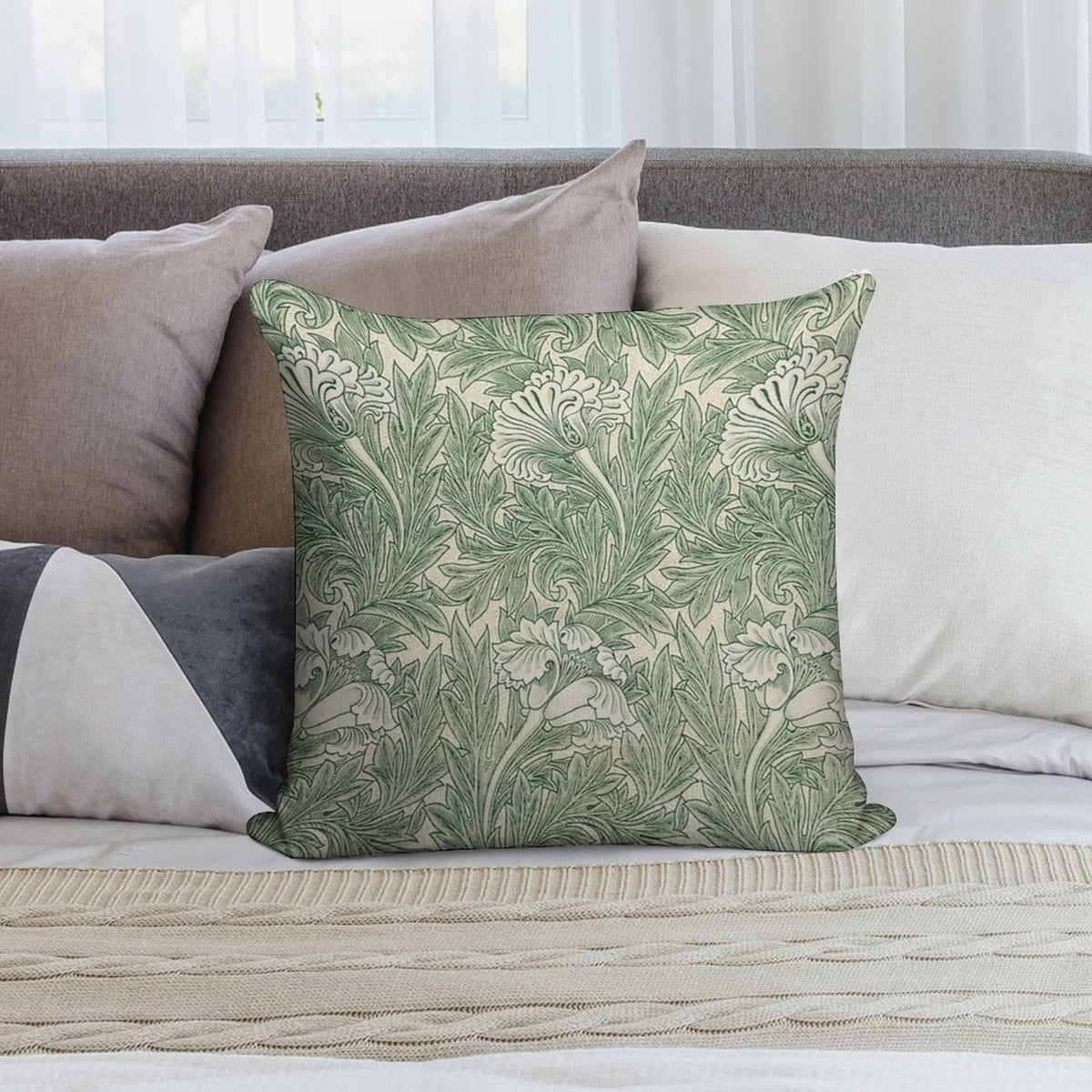 William Morris Vintage Green Tulip Floral Pattern Soft Reinforced Edging Throw Pillow