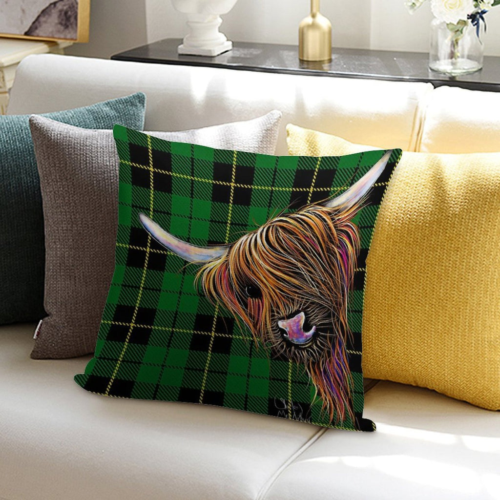 SCoTTiSH HiGHLaND CoW ' TaRTaN NooDLeS G ' by SHiRLeY MacARTHuR Soft Home Decor Throw Pillow