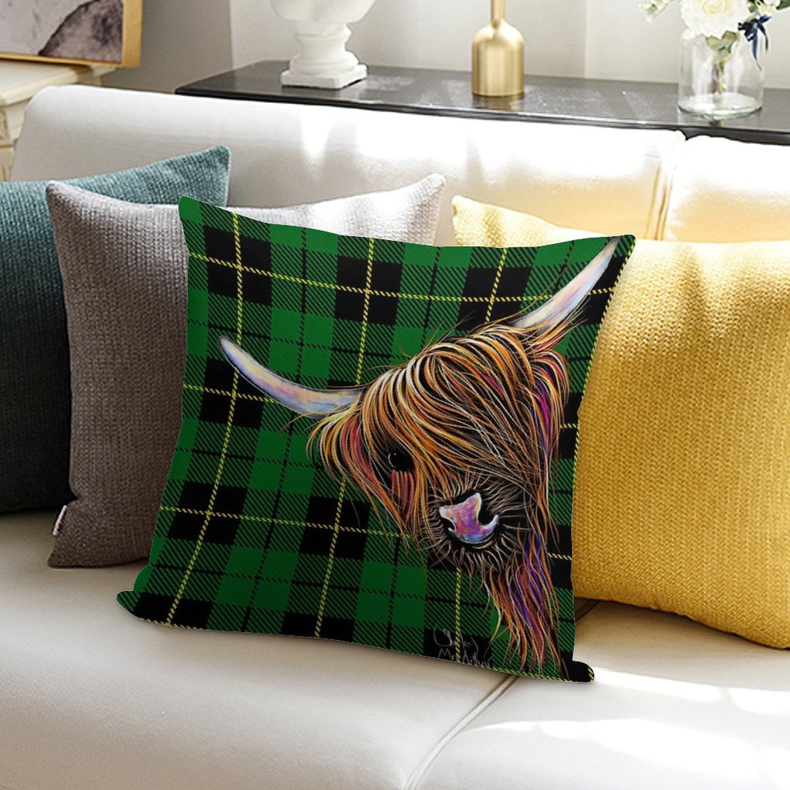 SCoTTiSH HiGHLaND CoW ' TaRTaN NooDLeS G ' by SHiRLeY MacARTHuR Soft Home Decor Throw Pillow