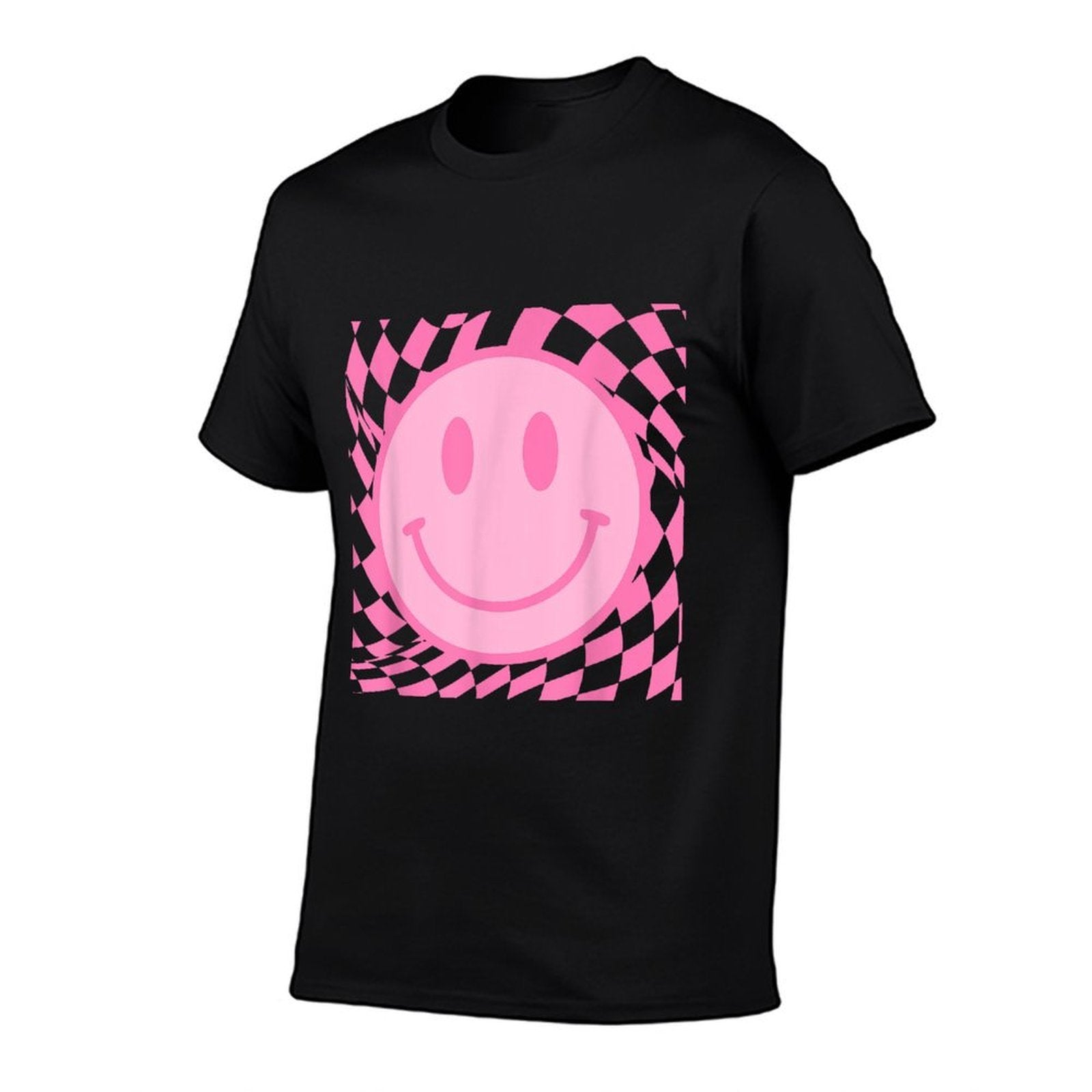 Retro Happy Smile Face Smiling Checkered Pattern Pink Trendy  Polyester Blend T-Shirt