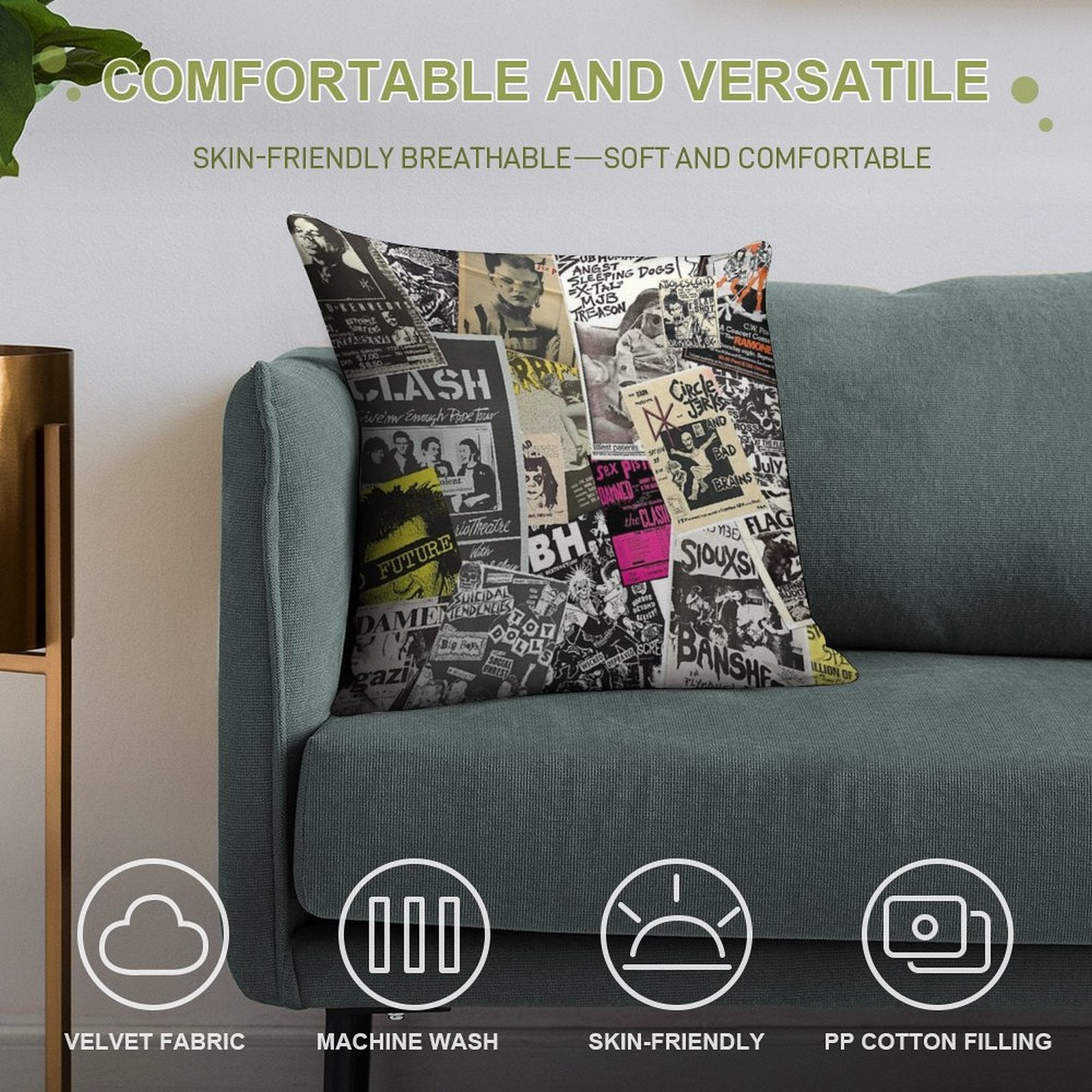 Punk Rock Music Flyers Collage Soft Anti-Pilling Throw Pillow