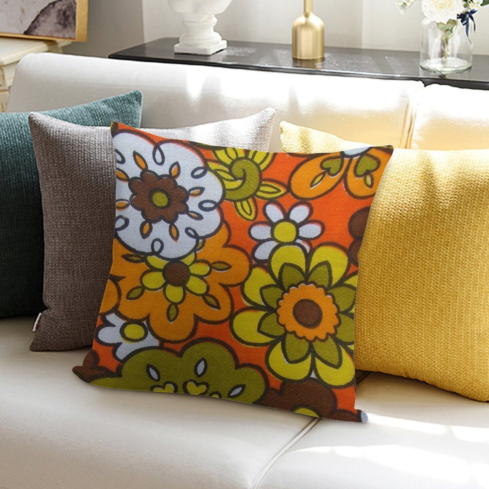 Retro Cool Mid Century Floral Fabric Design in Avocado Green, Harvest Gold, Brown, And Orange Soft Bedroom Essential Throw Pillow