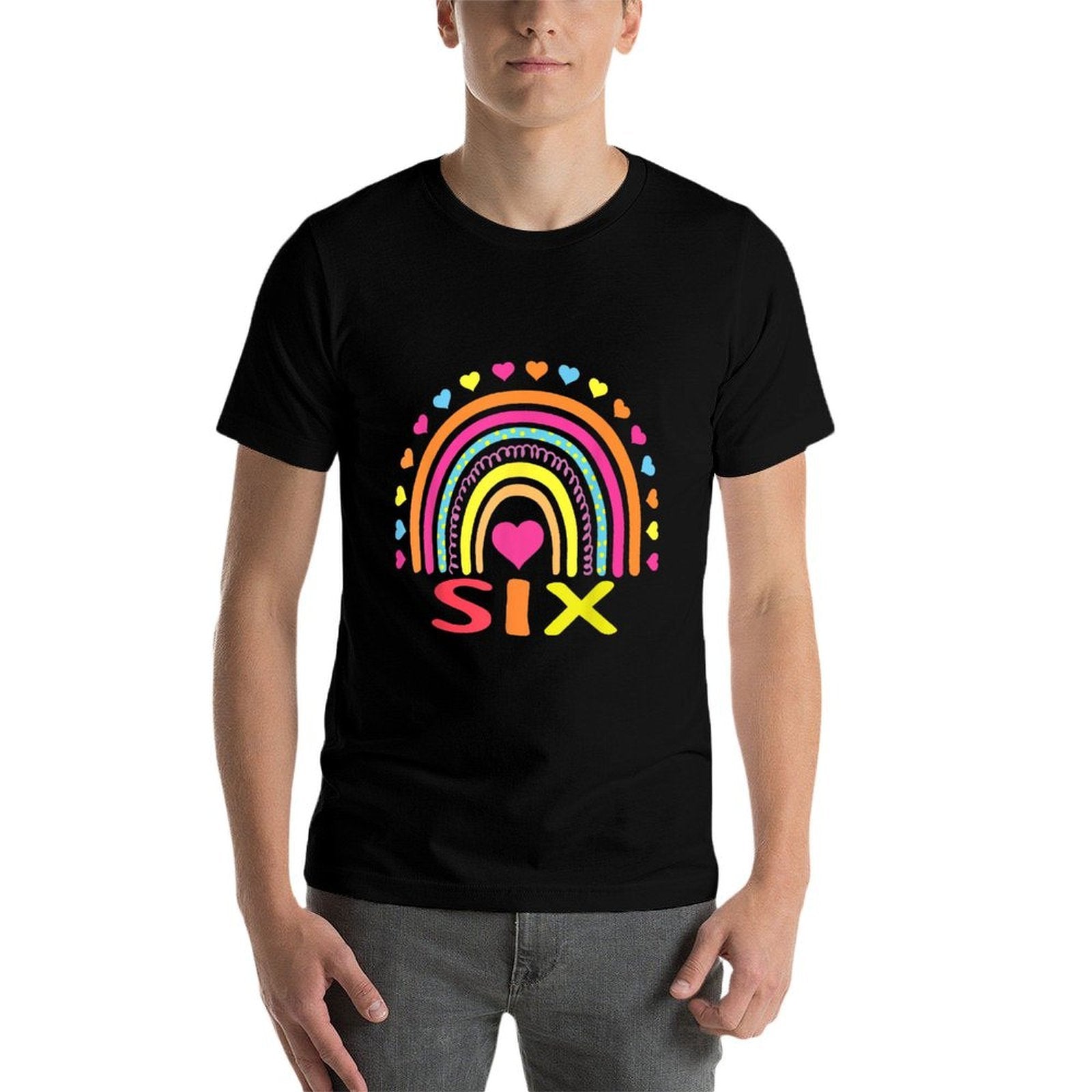 6 Years Old Rainbow 6th Birthday Gift For Girls Boys Kids  Ribbed Collar T-Shirt