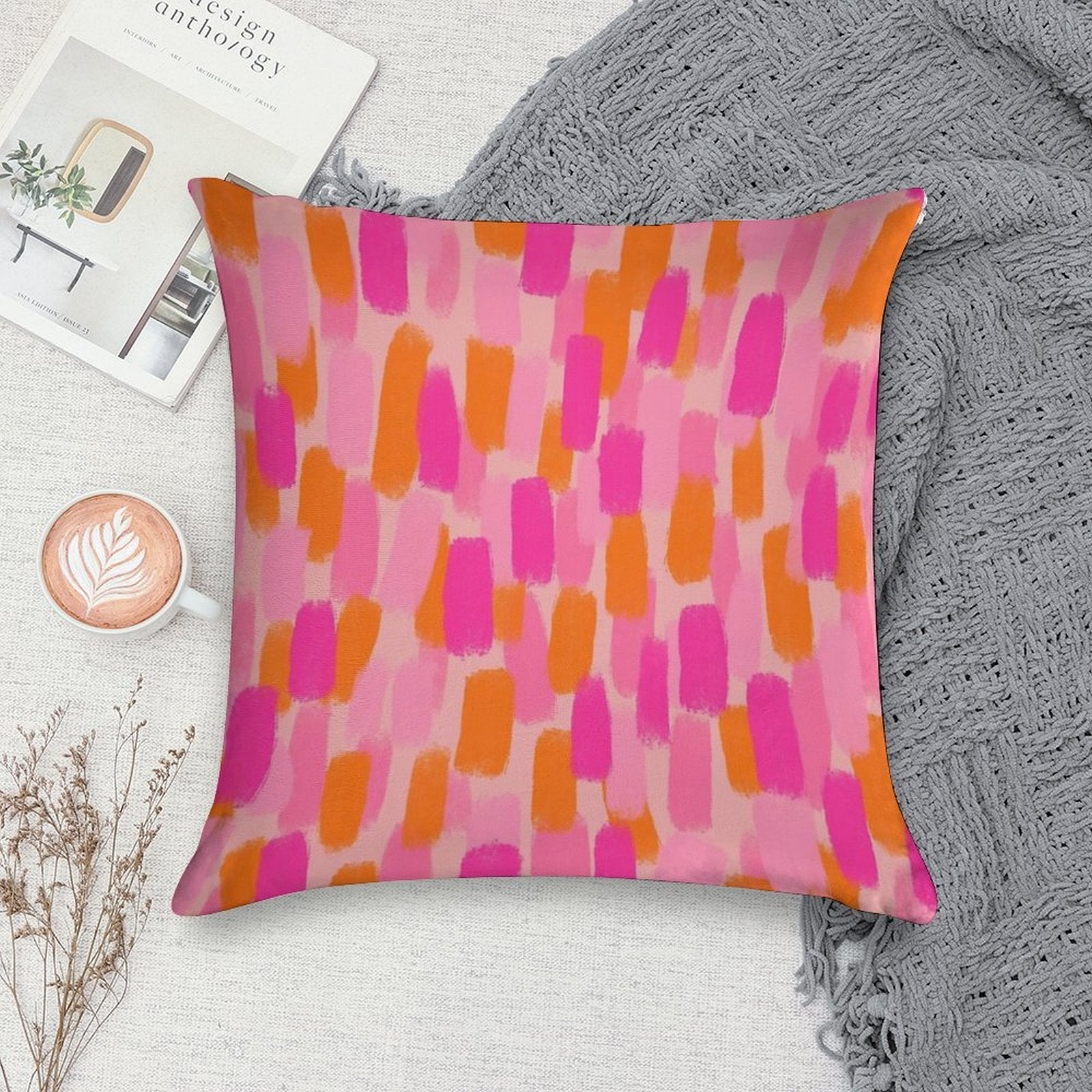 Abstract, Pink with Orange, Paint Brush Effect Soft Warmth Comfort Throw Pillow