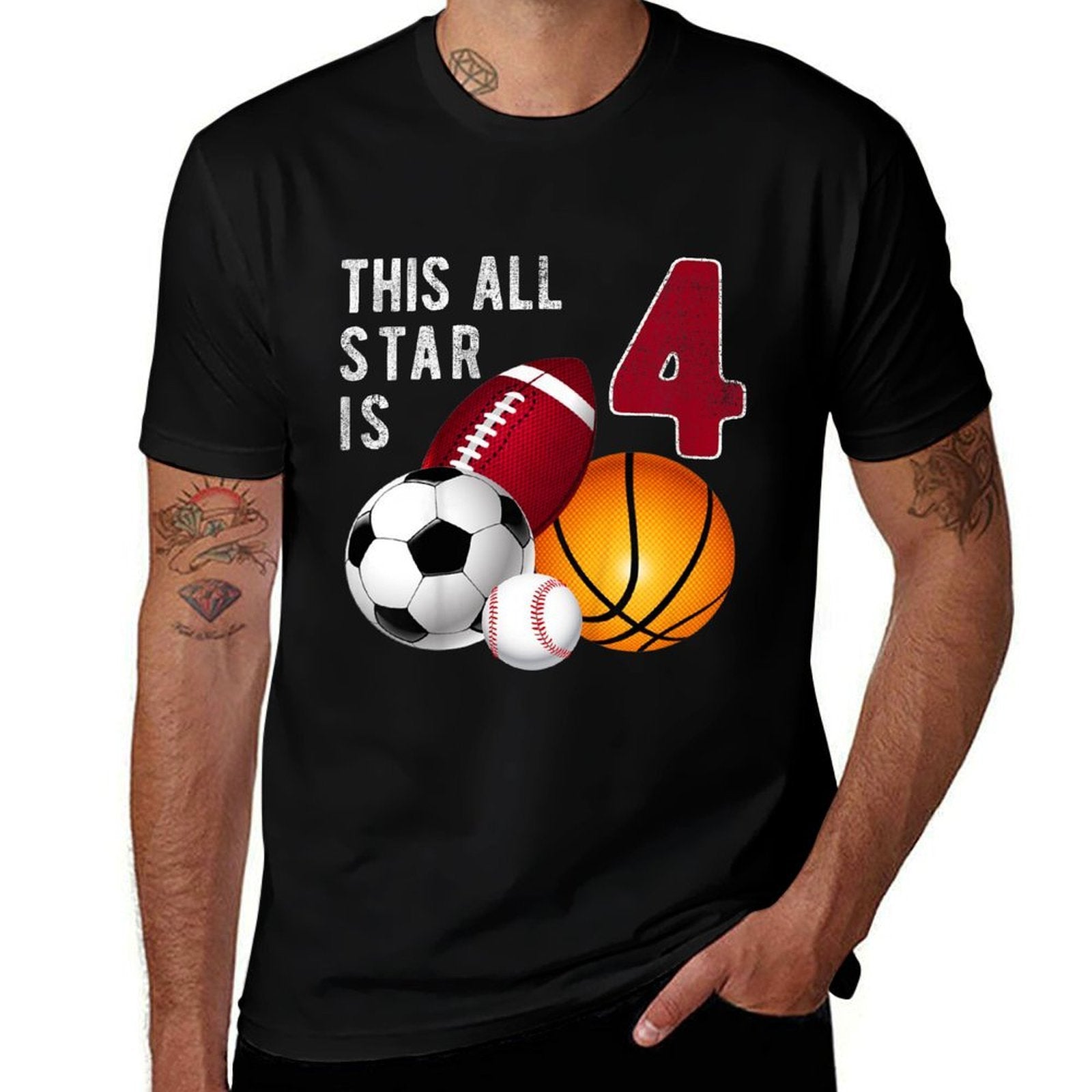 Kids This All Star Is 4 Years Old Gift For Kids Birthday  Rolled Sleeves T-Shirt