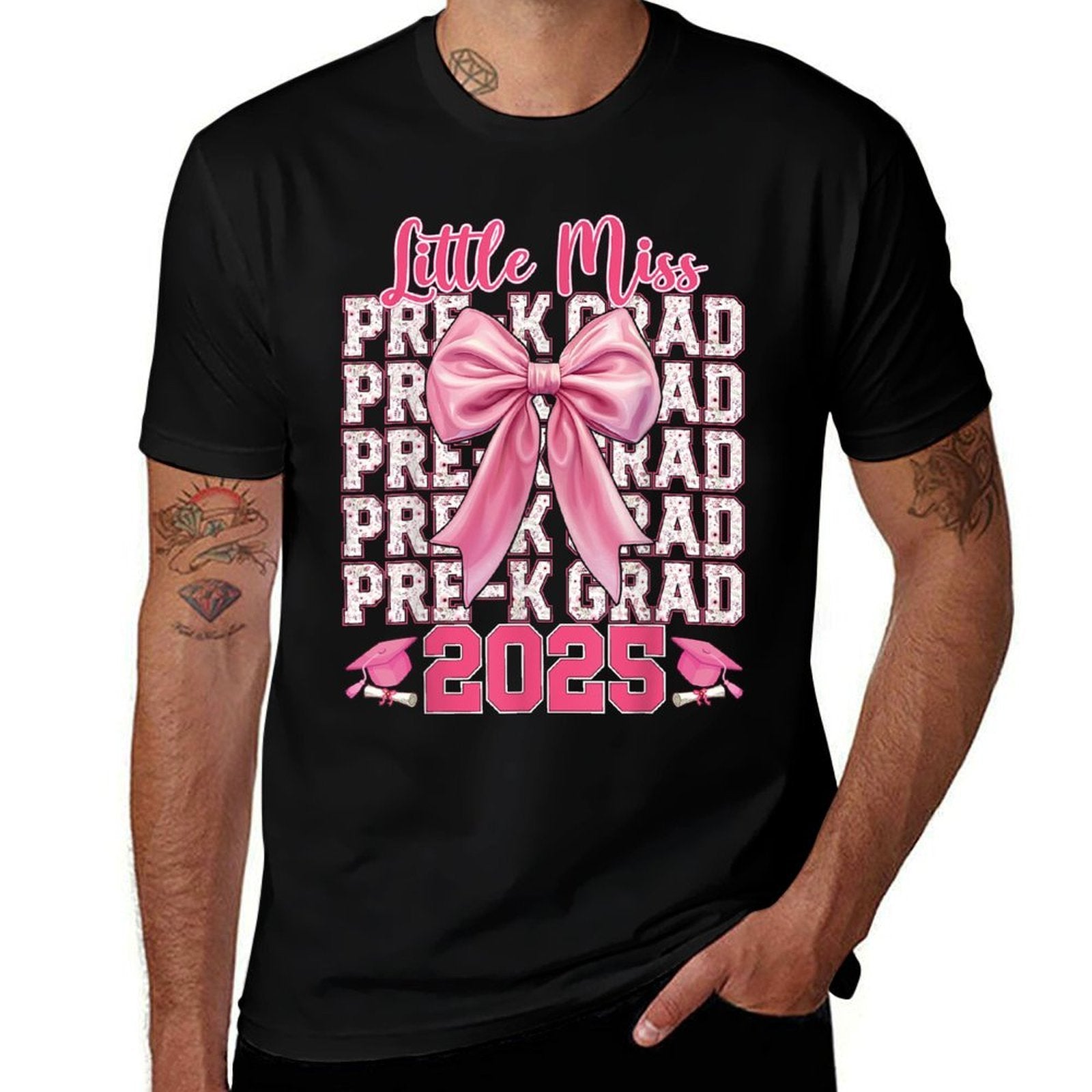 Little Miss Pre-K Grad 2025 Graduation Girls Coquette Bow  Polyester Blend T-Shirt
