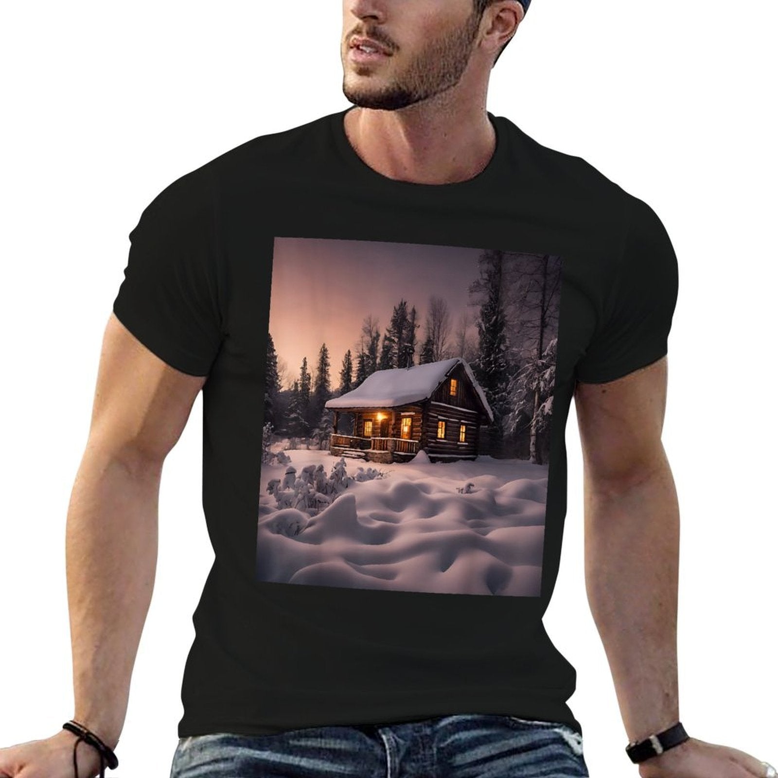 Log Cabin Snow Twilight  Ribbed Collar T-Shirt