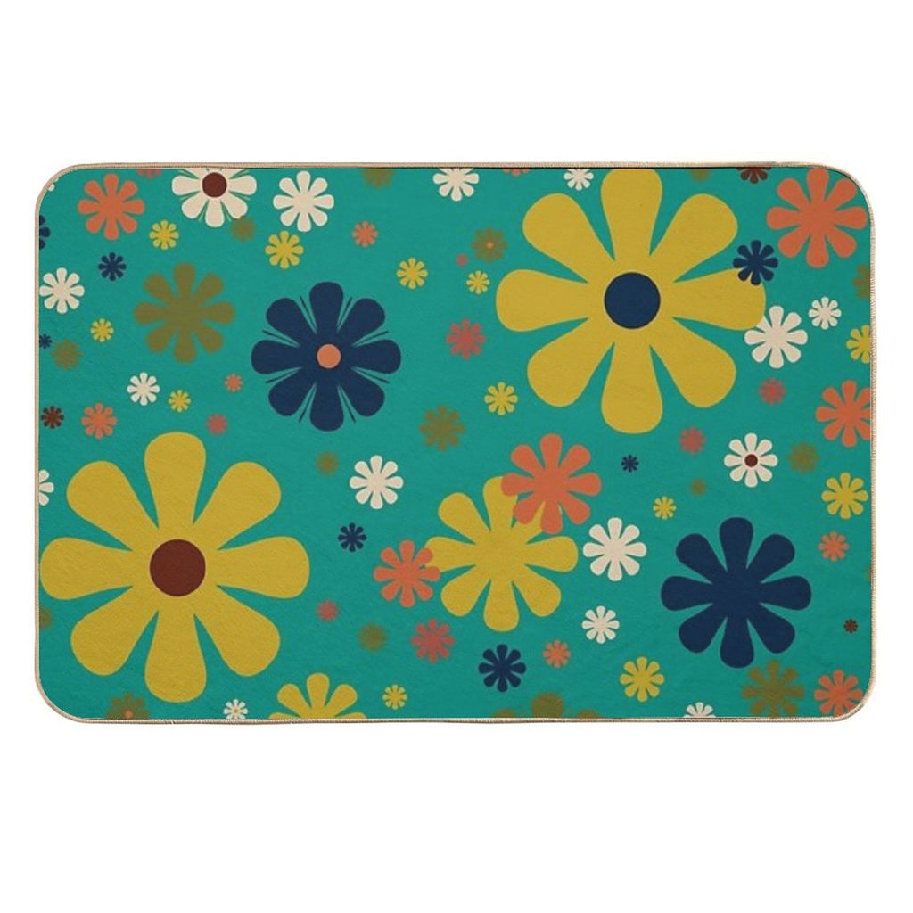 Flowerama - Retro 60s Floral Pattern in Mid Mod Mustard, Olive, Orange, Beige, And Turquoise Teal  Multi-Purpose Bath Mat