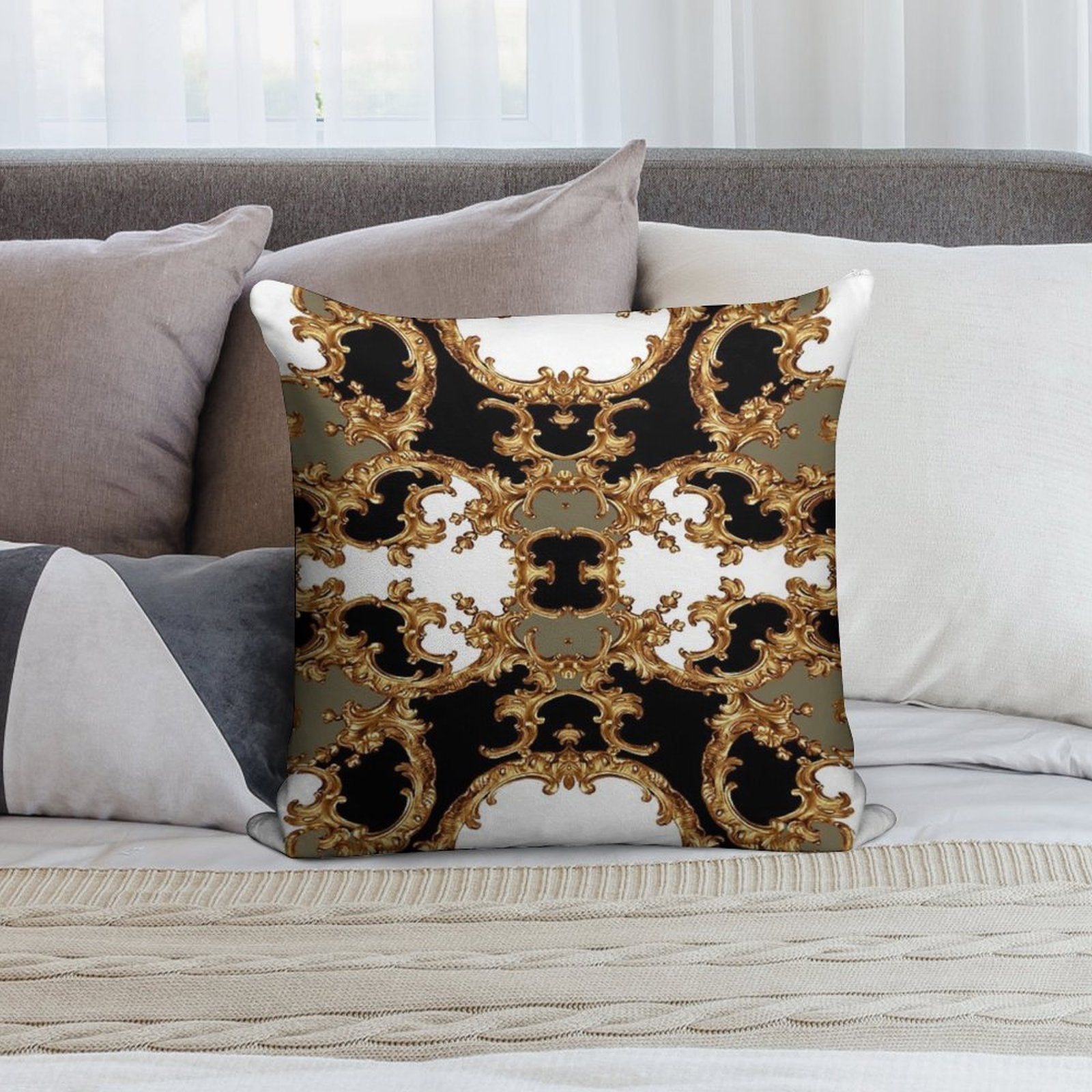 Golden Ornamental Baroque Symmetrical Soft Multiple Sizes Throw Pillow