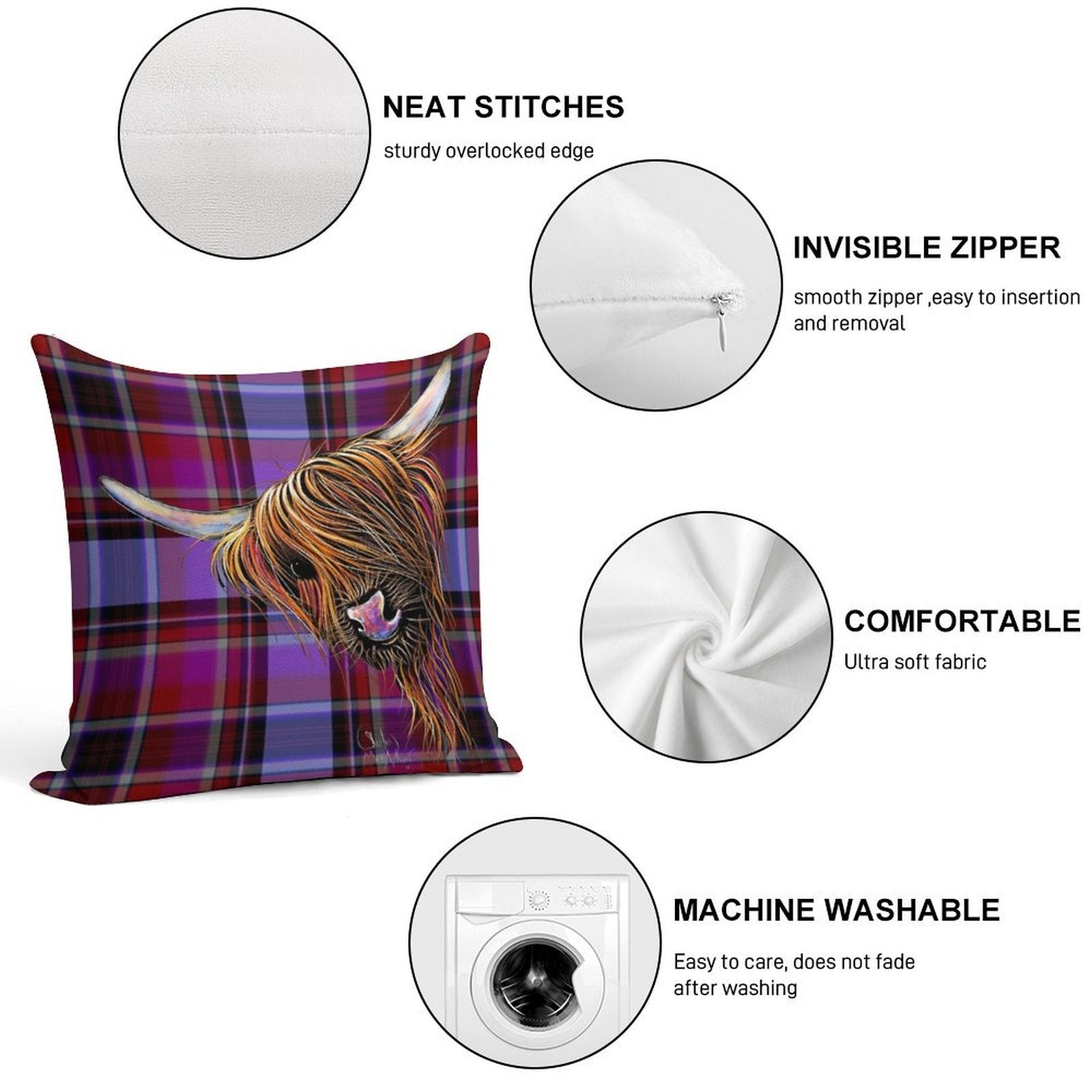 SCoTTiSH HiGHLaND CoW ' TaRTaN NooDLeS P ' by SHiRLeY MacARTHuR Soft Gift Ready Throw Pillow