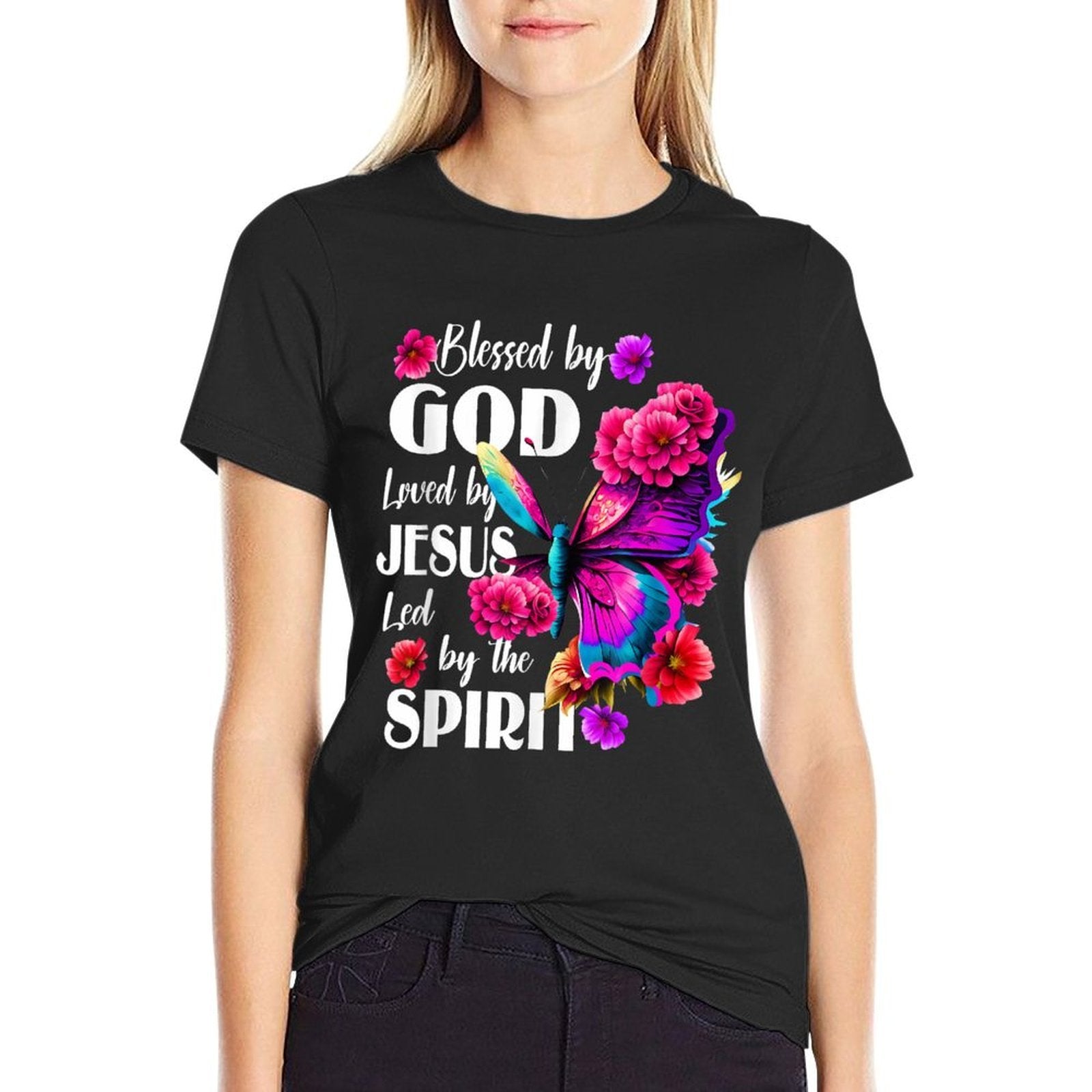 Blessed by God Loved by Jesus Floral Butterfly Christian  Heathered Texture T-Shirt