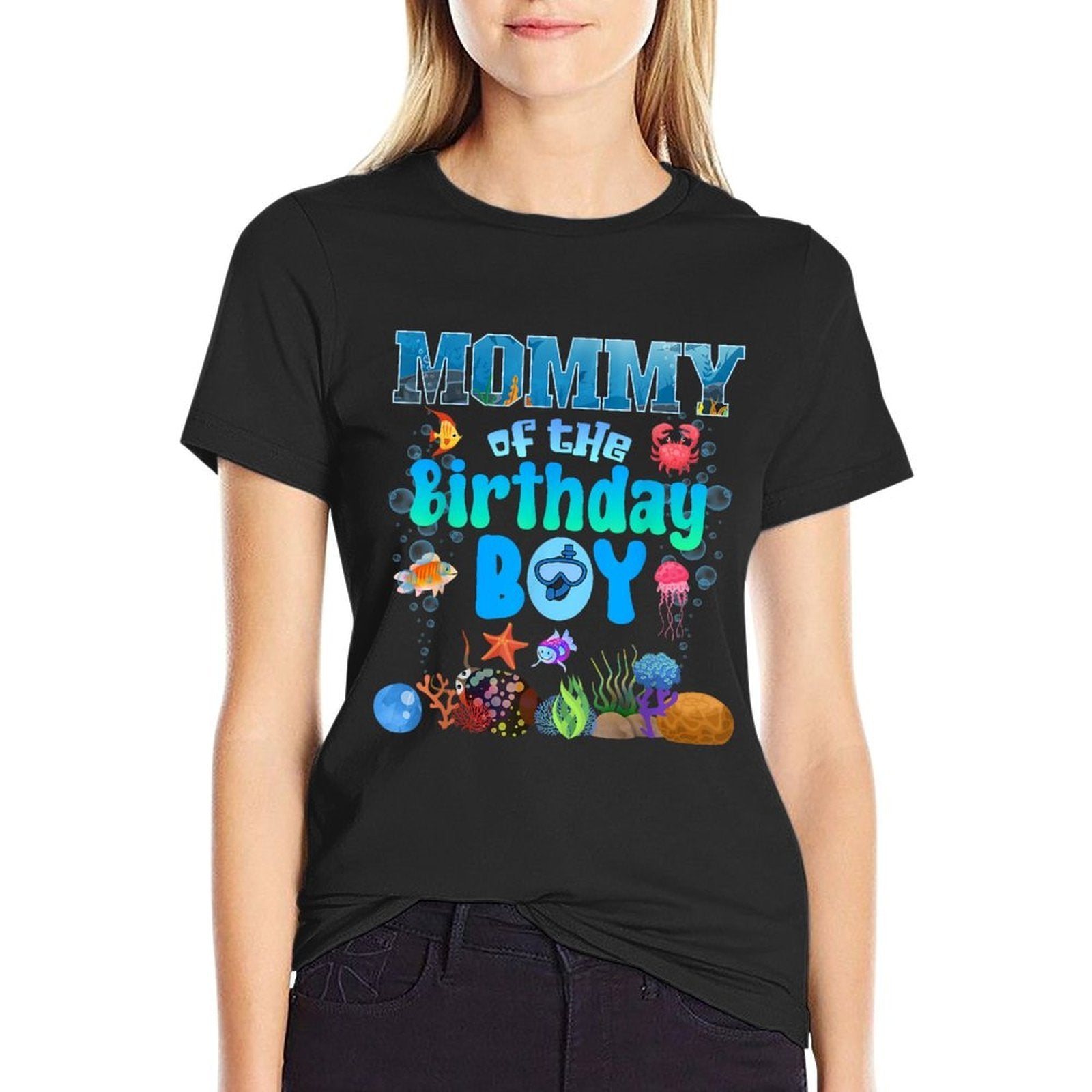 Mommy Of The Birthday Boy Aquarium Sea Animals Matching  Slim-fit Cut T-Shirt