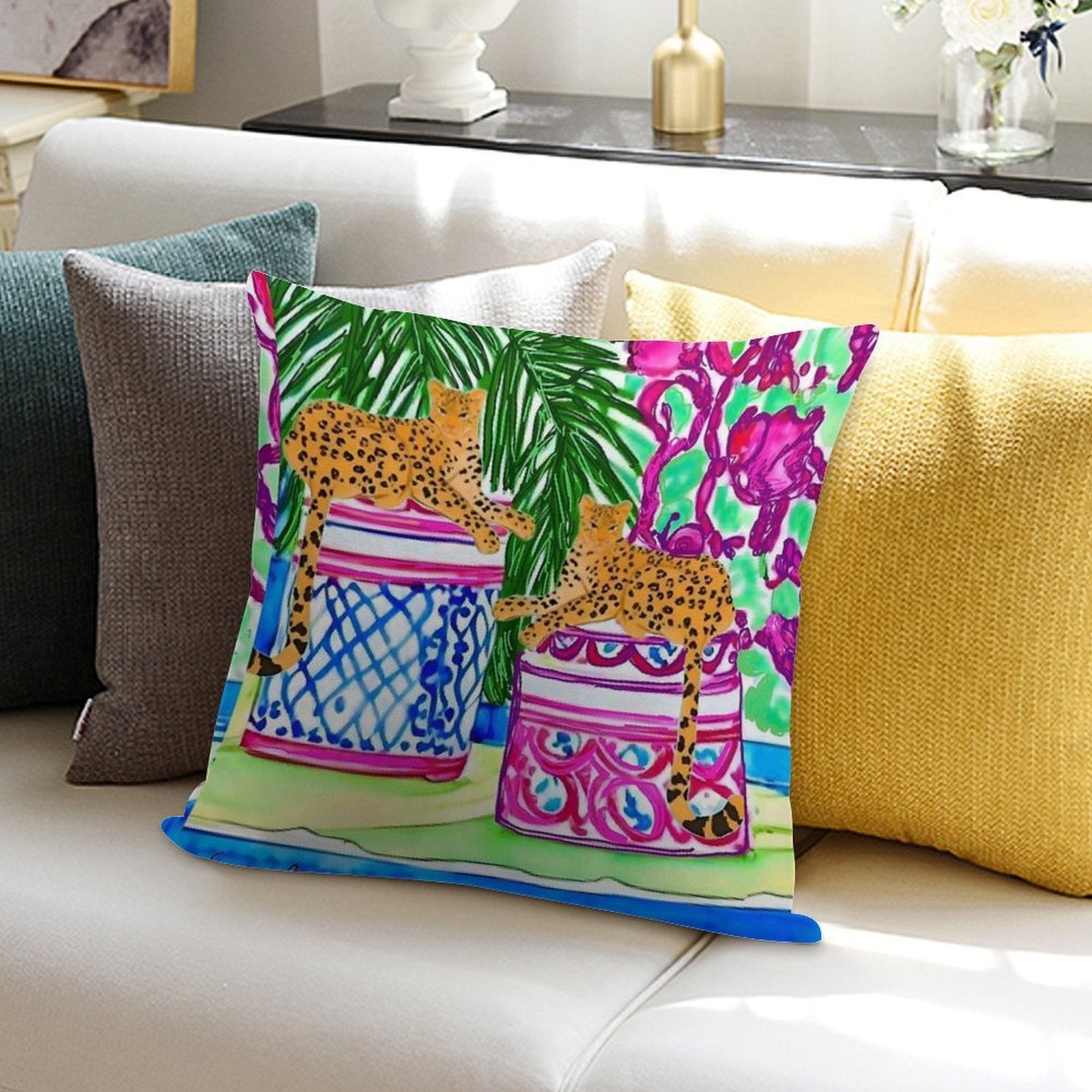 Two Cheetahs on Chinoiserie Jars Soft Style Accent Throw Pillow