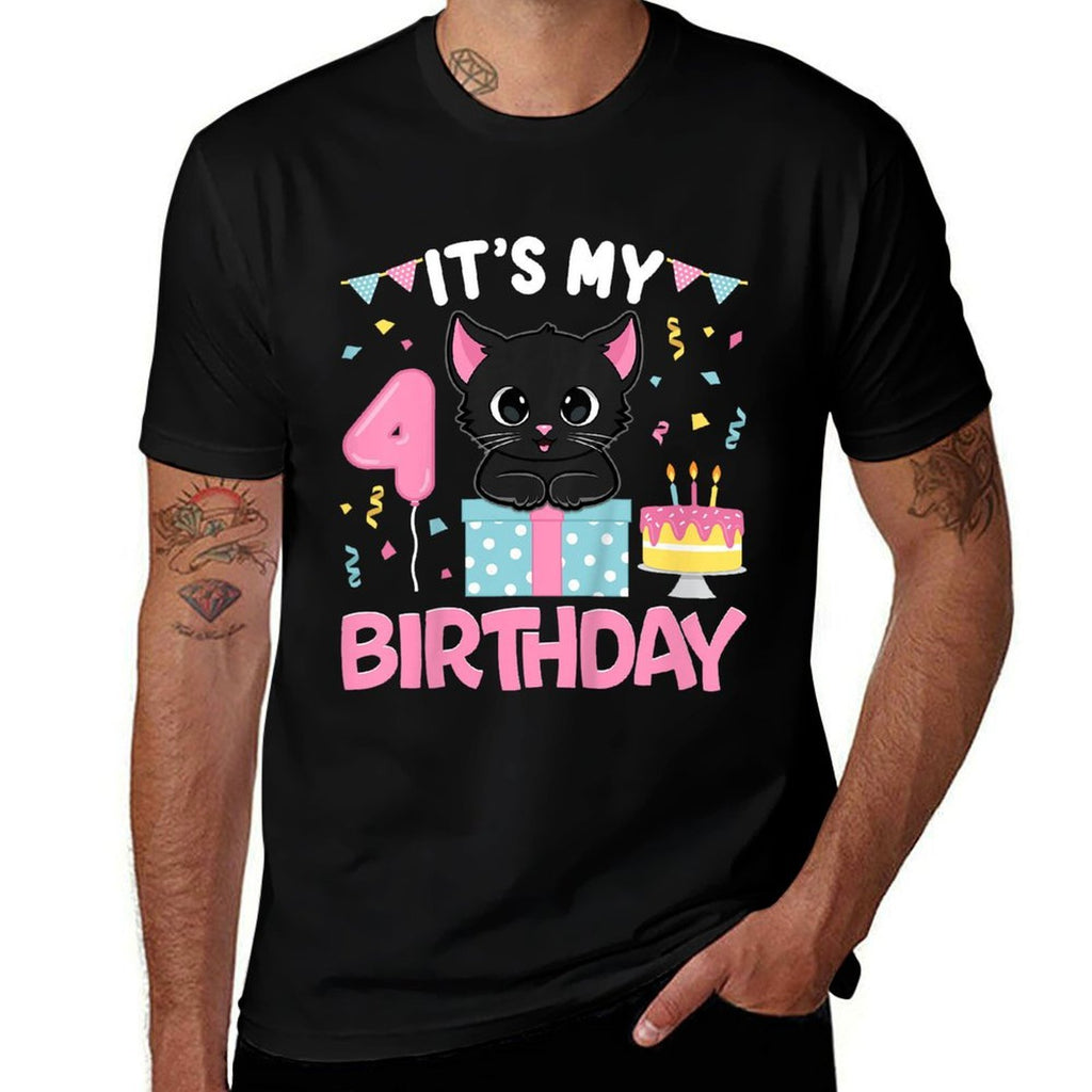 Kids Its My 4th Birthday Girl Cat Birthday 4 Year Old BDay Party  Summer-ready Fabric T-Shirt