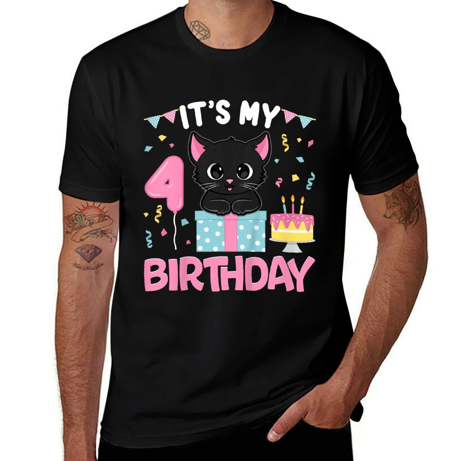 Kids Its My 4th Birthday Girl Cat Birthday 4 Year Old BDay Party  Summer-ready Fabric T-Shirt