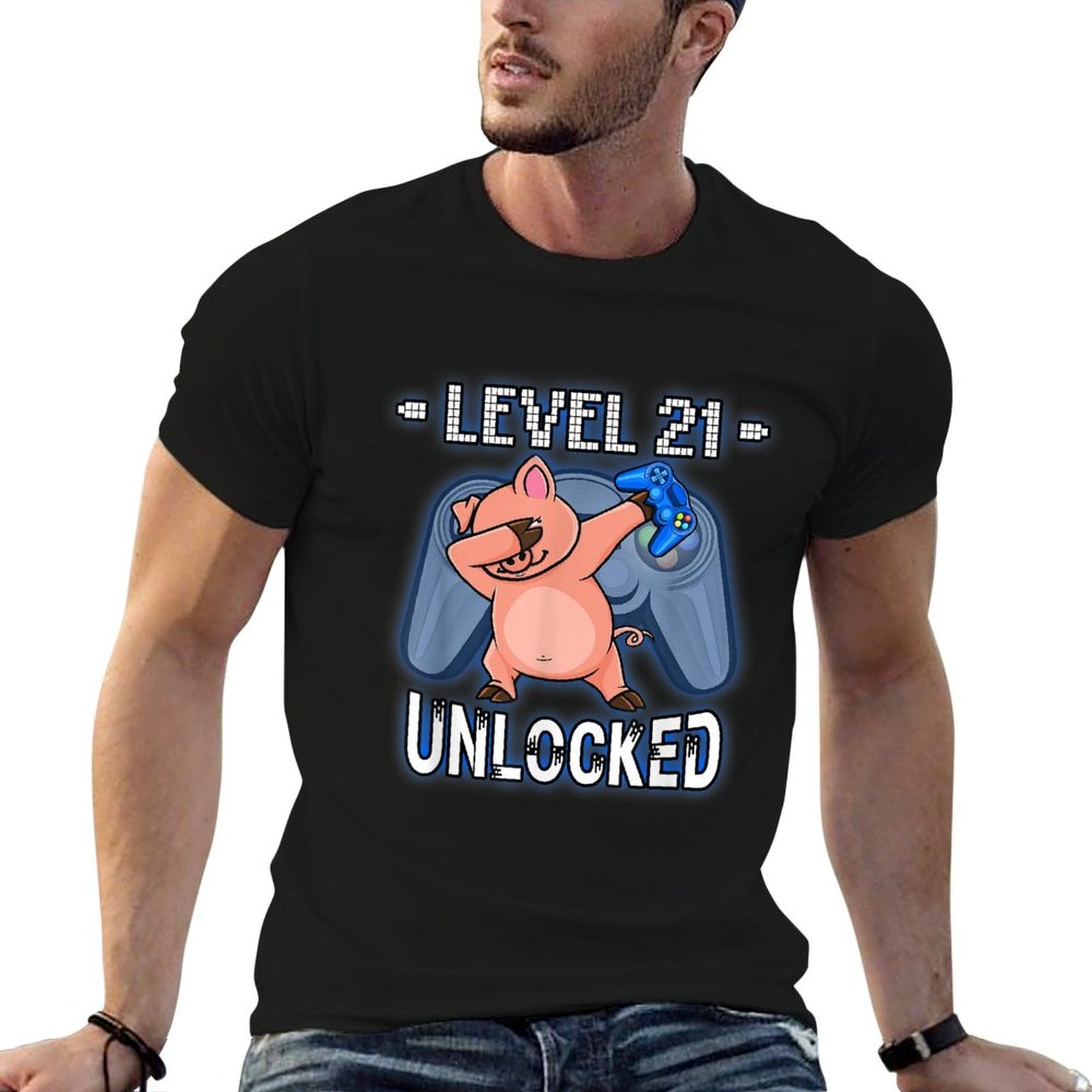 Level 21 Unlocked - Funny Dabbing Pig Gamer 21st Birthday  Cotton T-Shirt
