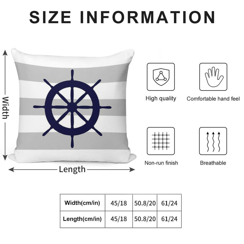 Nautical Navy Blue Ship's Wheel On Gray Stripes Soft Luxury Feel Throw Pillow