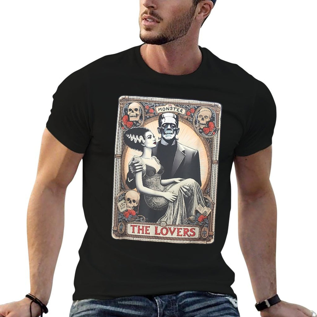 Retro Halloween Frankenstein Tarot Card - Unisex Adults - Black - Small - - Regular Fit - Cotton 100, Polyester Blend - Hallowe  Affordable Price T-Shirt