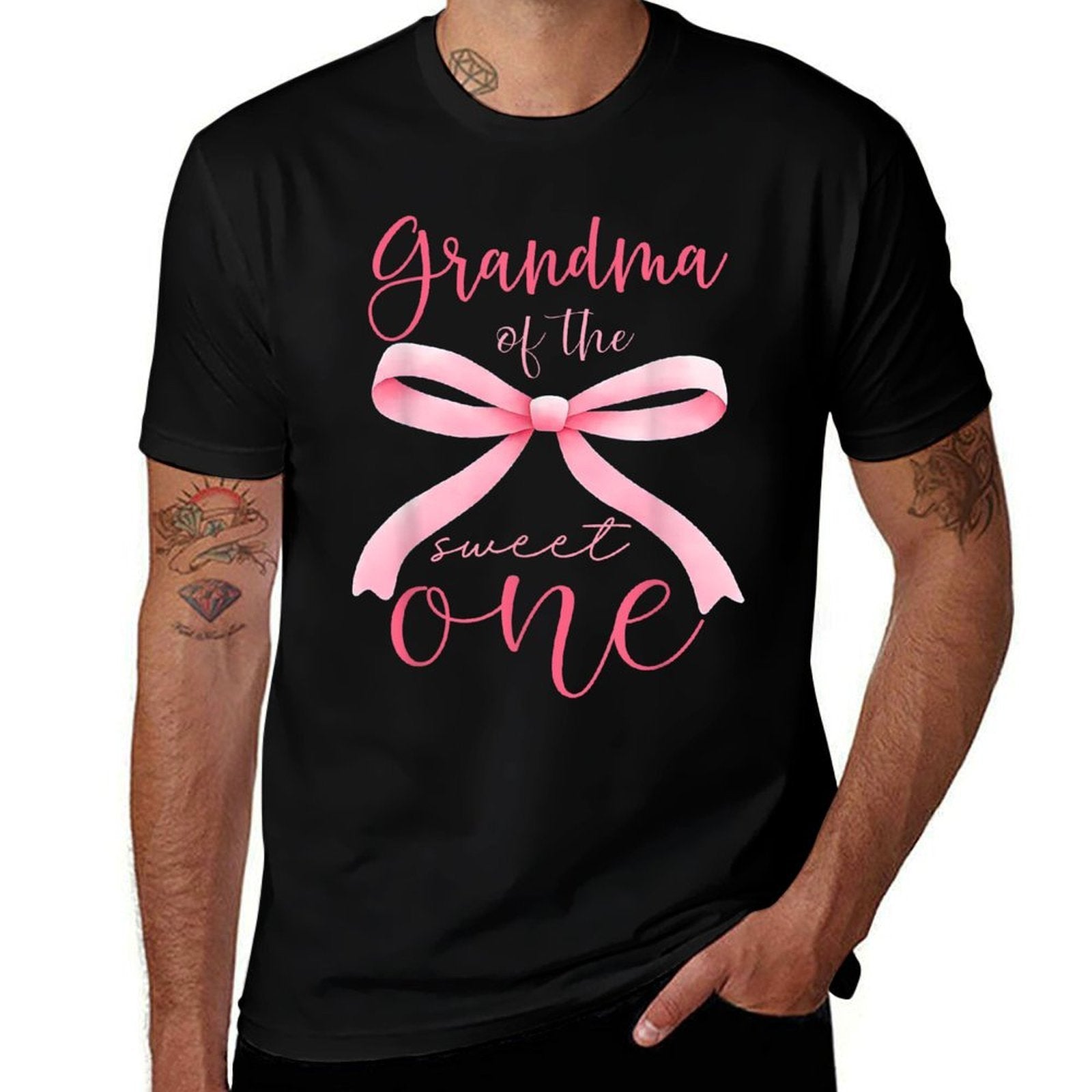 Grandma Of The Sweet One 1st Birthday Girl Coquette Pink Bow  Fade-proof Color T-Shirt