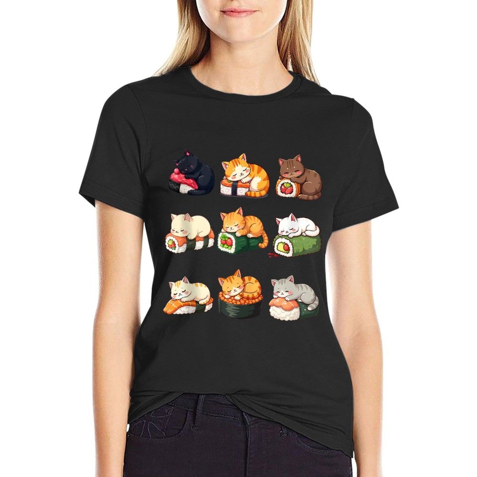 Cute Kawaii Sushi Cat Anime Neko Design for Girls Women  Stretchy T-Shirt