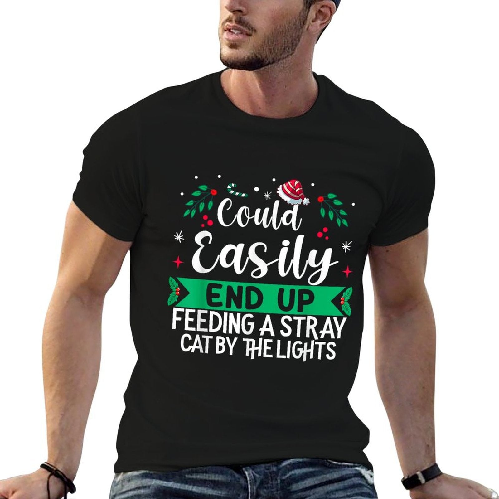 Could Easily End Up Feeding A Stray Cat by The Lights Xmas  Oversized Silhouette T-Shirt