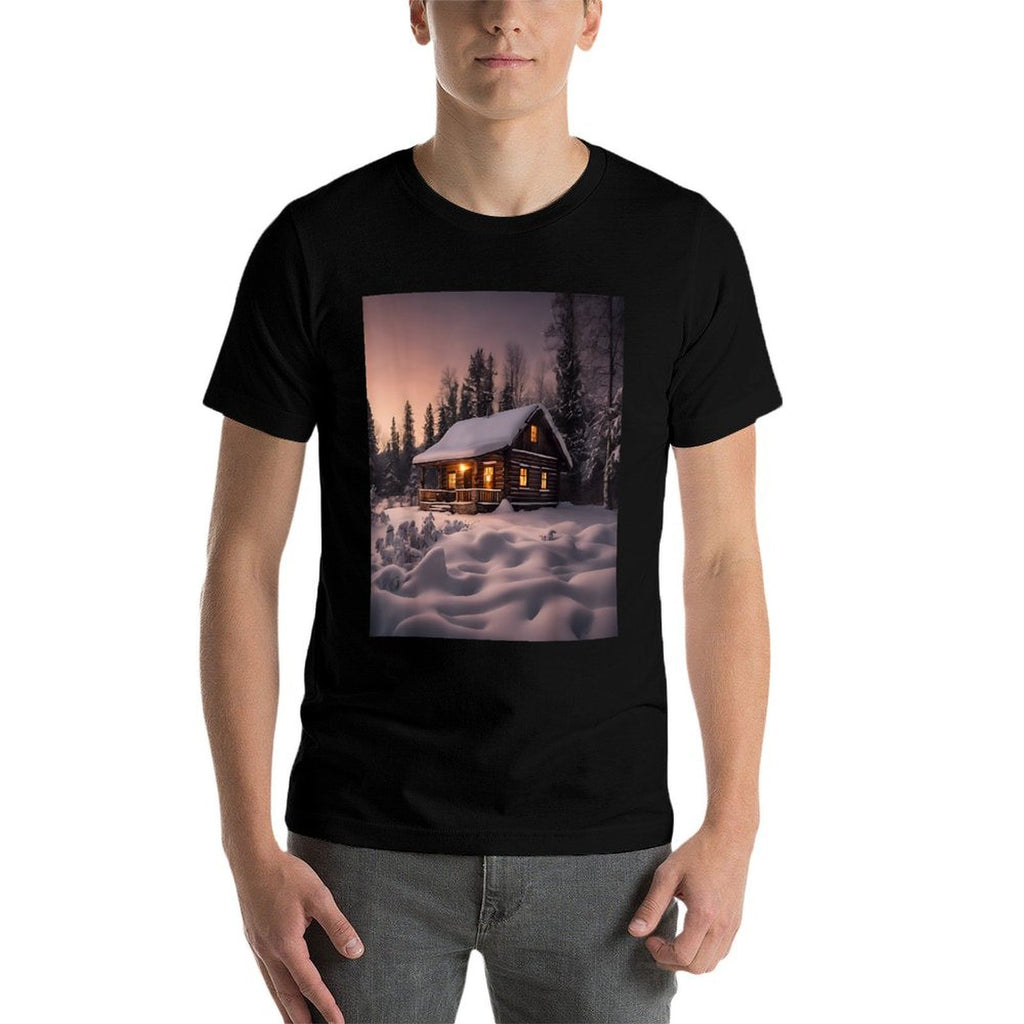 Log Cabin Snow Twilight  Ribbed Collar T-Shirt