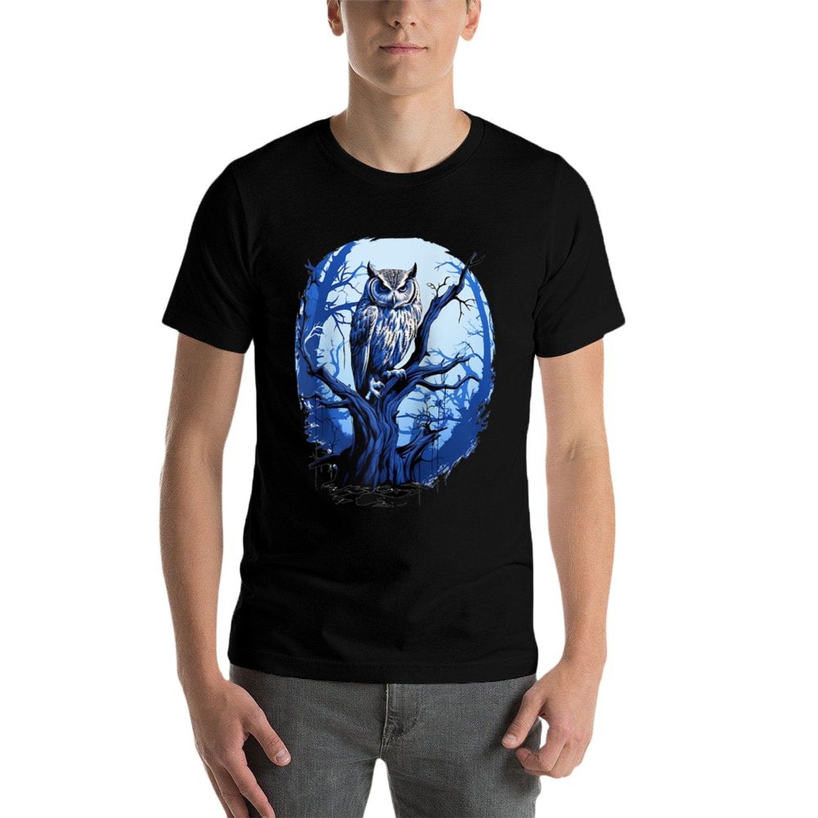 Twilight Blue Impressionist Owl on Skeletal Tree Raglan Baseball  Eco-friendly Material T-Shirt