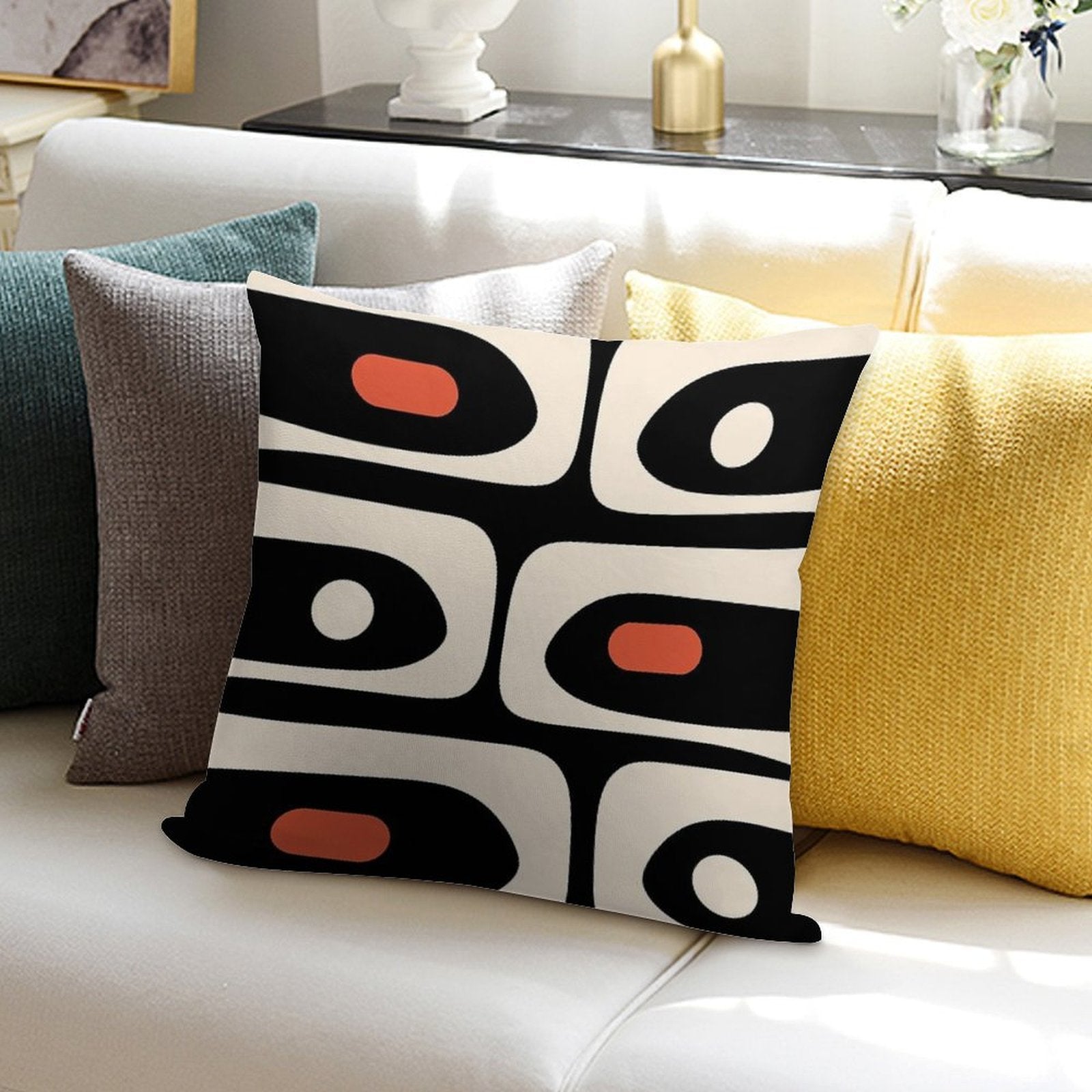 Mid Century Modern Piquet Abstract Pattern Black, Orange, And Almond Cream Soft Anti-Pilling Throw Pillow