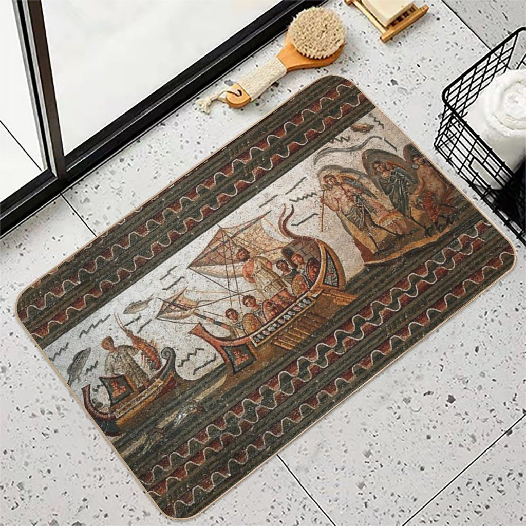 ANTIQUE ROMAN MOSAICS  Odyssey ,Ulysses Sailing with Vessel, Resistant to Sirens.,  Dirt-Trapping Bath Mat