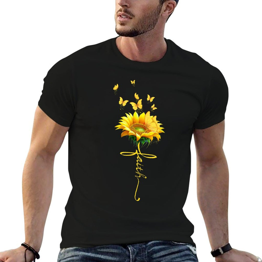 Faith Cross Sunflower Butterflies Flowers Christians  Easy-care T-Shirt