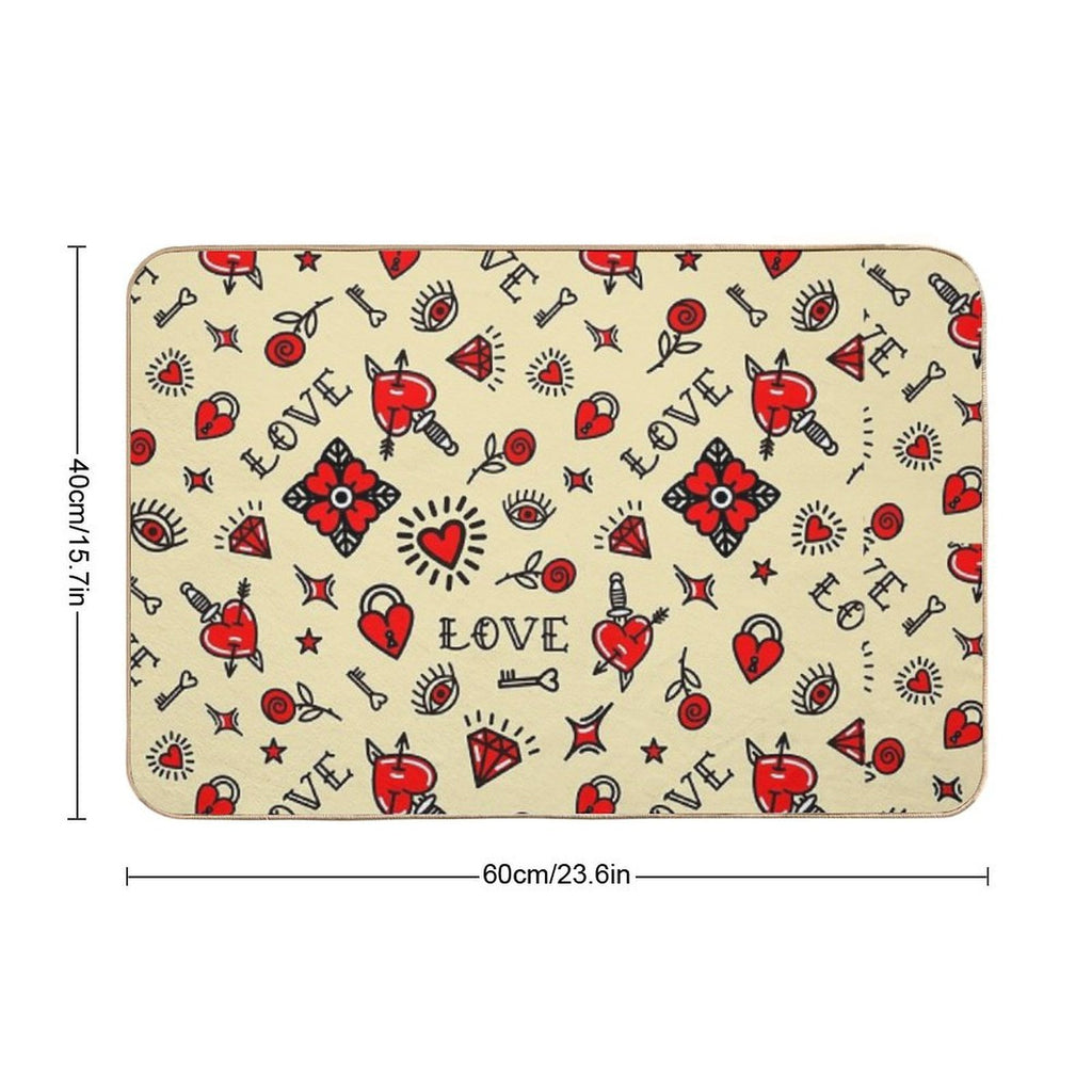 Old School Pattern, Tattoo, American Traditional, Flash, Vintage, Sailor, Ink, Rose,  Easy Maintenance Bath Mat