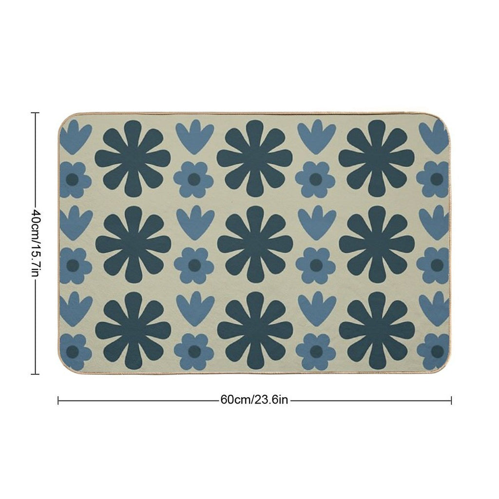 Scandi Floral Grid Retro Pattern in Vintage Blue And Beige  Long-Lasting Bath Mat
