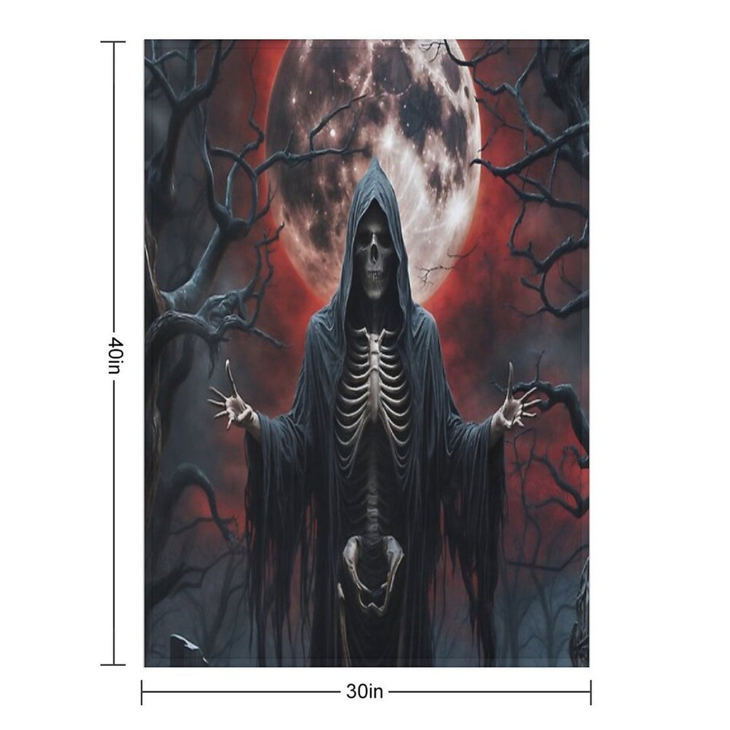 Grim Reaper Under Blood Moon in Haunted Graveyard Shrink-resistant Throw Blanket