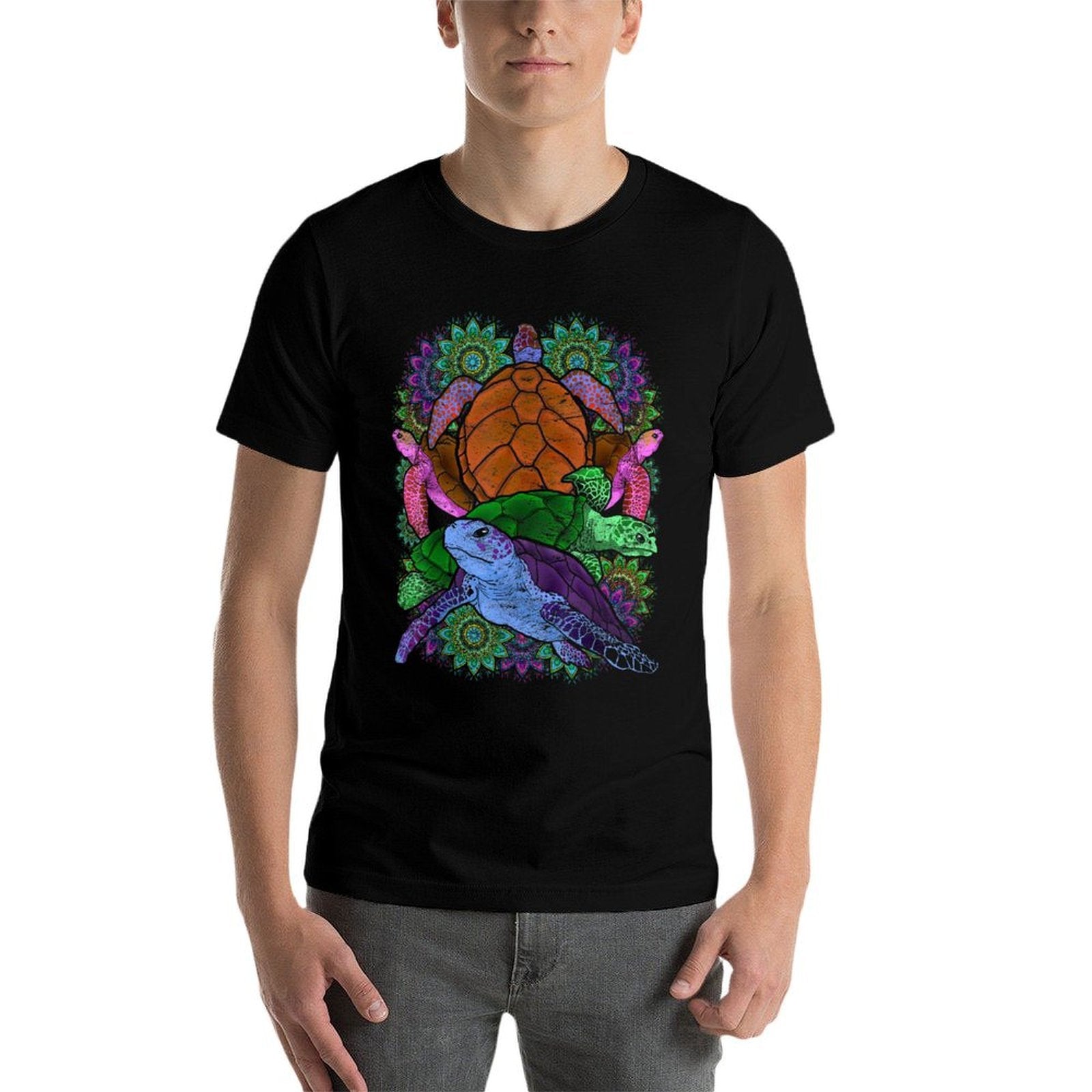 Colorful Mandala Maori Tribal Sea Animal Hawaiian Turtle  Fade-proof Color T-Shirt