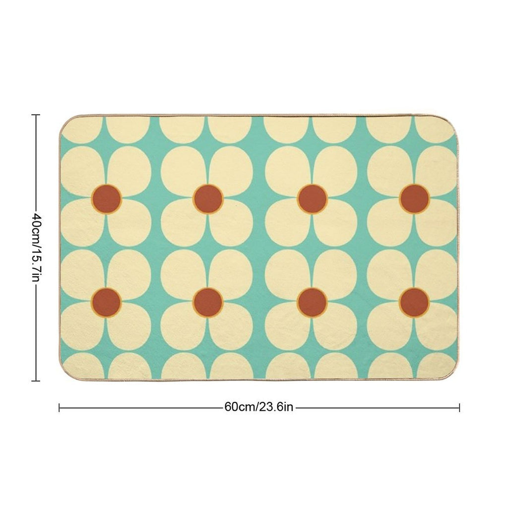 Retro Land Flower Power Blue And Cream  Easy To Clean Bath Mat