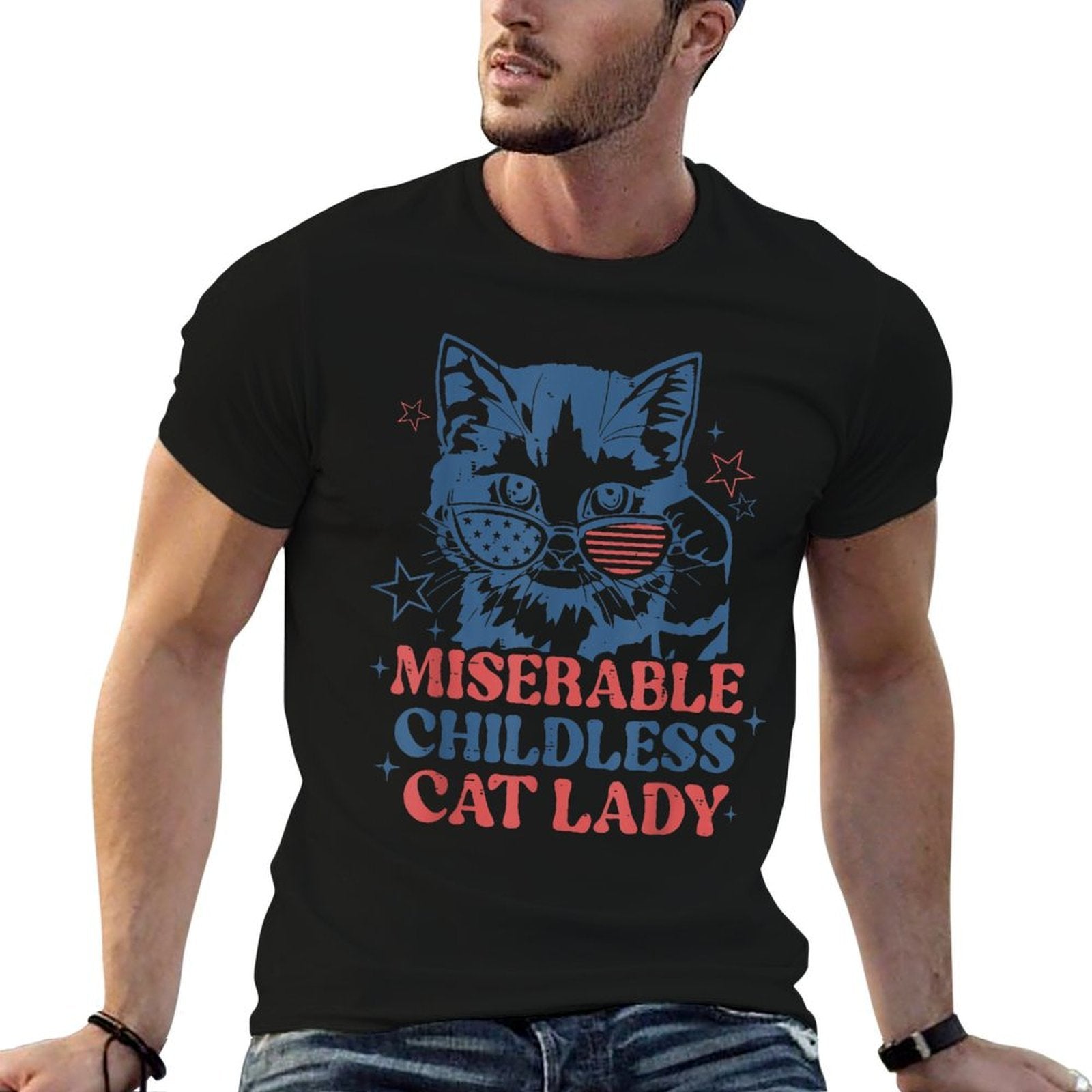 Miserable Childless Cat Lady Kamala Harris 2024 Meme Cat  Easy-care T-Shirt