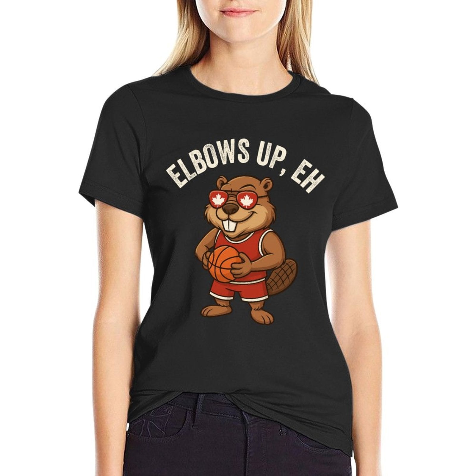 Elbows Up Eh Beaver Maple Leaf Funny Canada BasketBall  Stretchy T-Shirt
