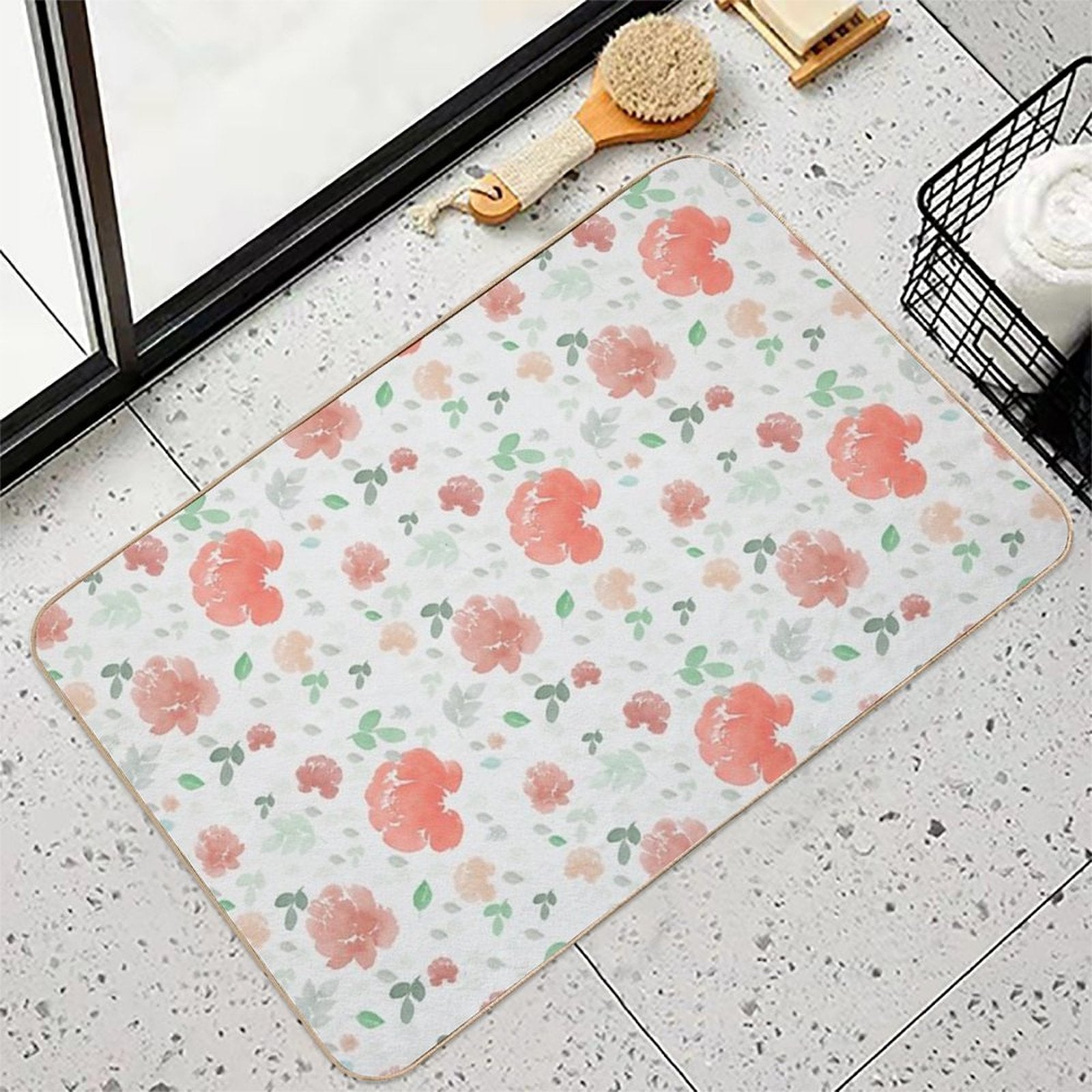 Watercolor Flowers Peonies  Stain-Proof Bath Mat