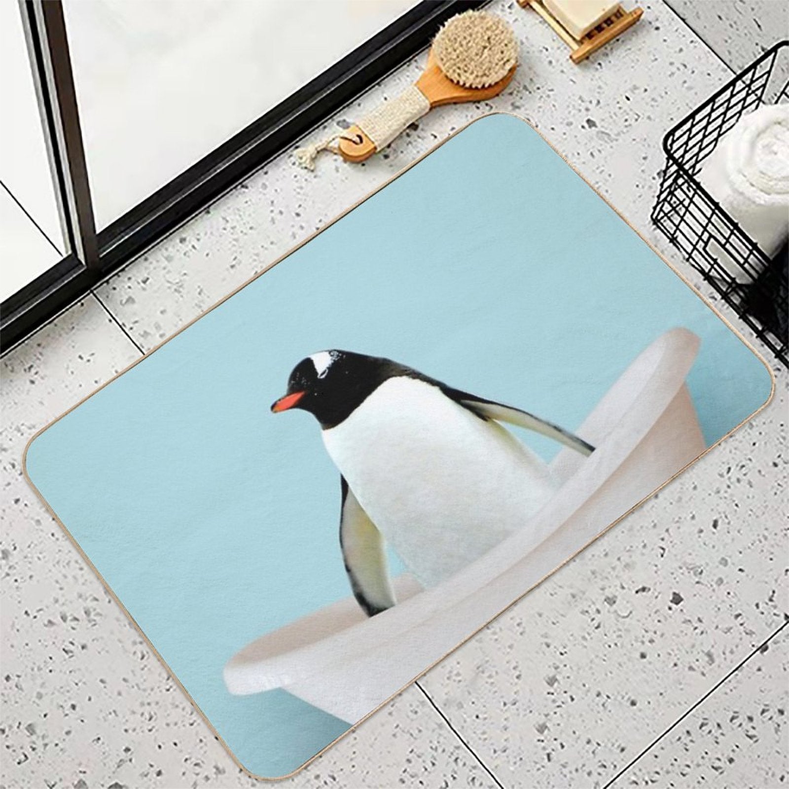Playing Penguin in Bathtub  Fade-Resistant Bath Mat