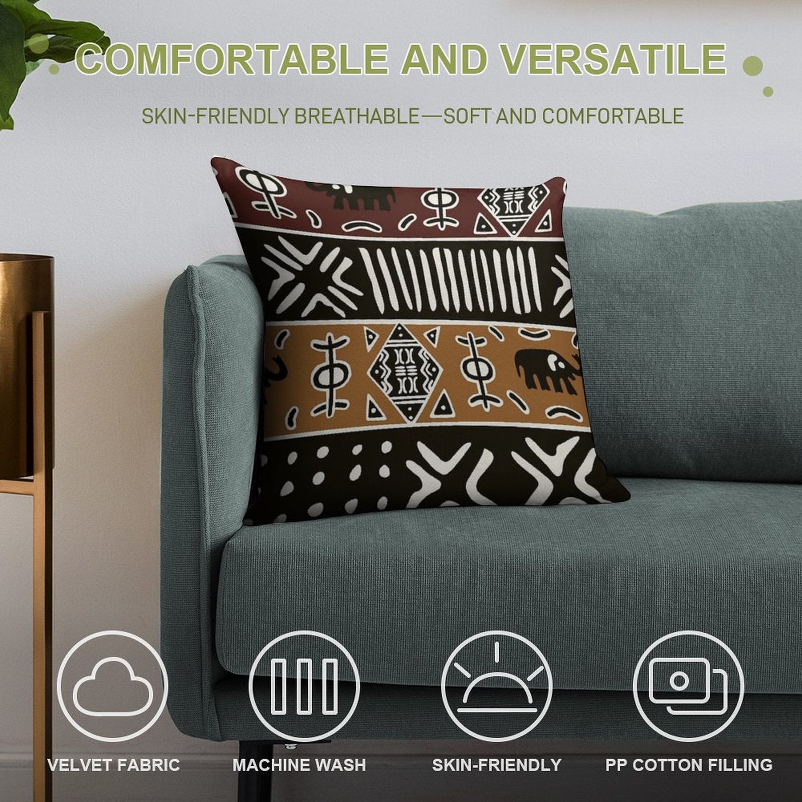 African Mud Cloth with Elephants Soft Durable Construction Throw Pillow
