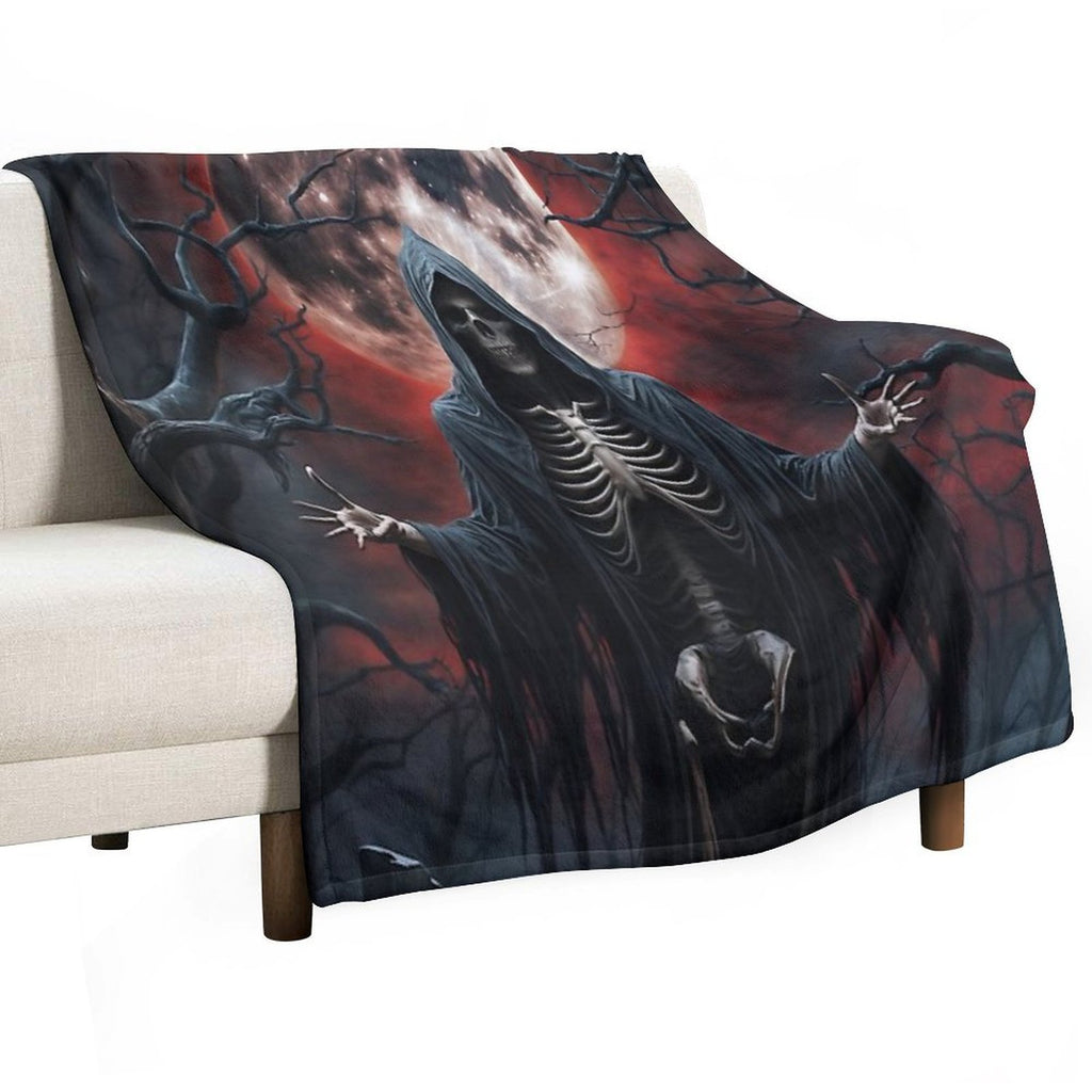Grim Reaper Under Blood Moon in Haunted Graveyard Shrink-resistant Throw Blanket
