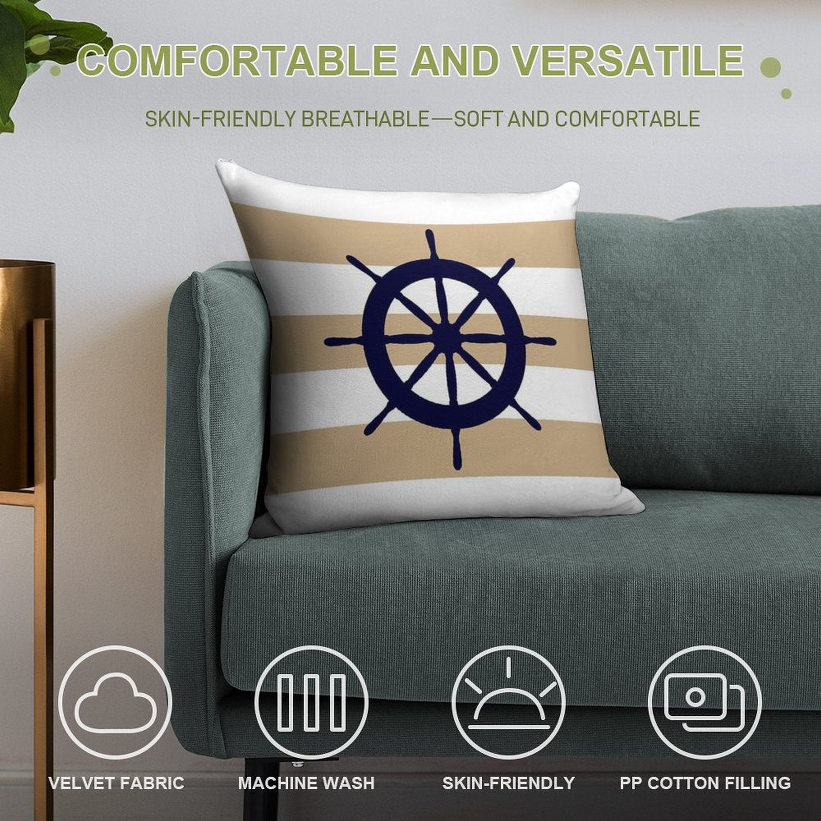 Nautical Navy Blue Ship's Steering Wheel On Tropical Tan Stripes Soft Hidden Zipper Throw Pillow