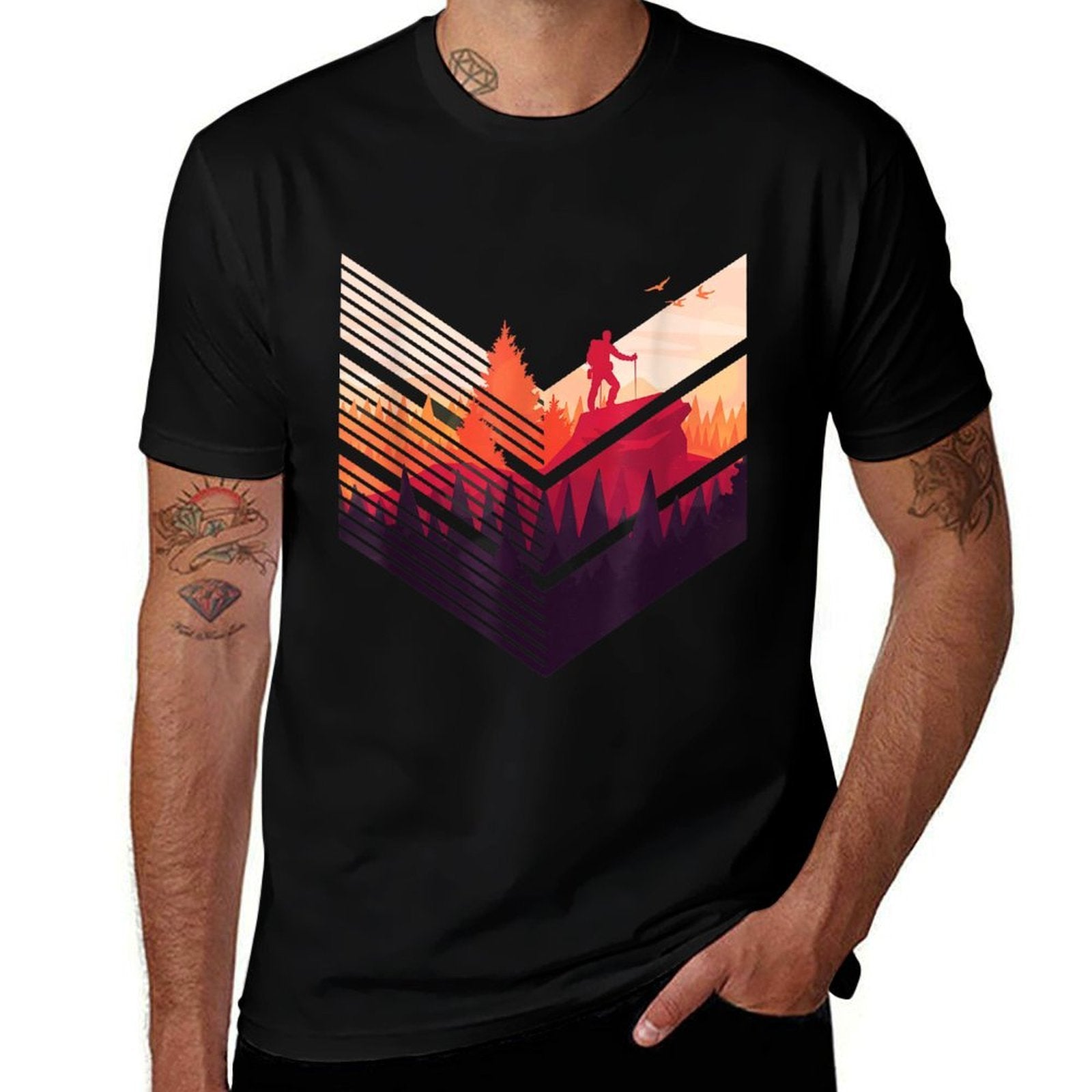 Geometric Hiking Graphic Colorful Nature Woods Landscape  Fade-proof Color T-Shirt