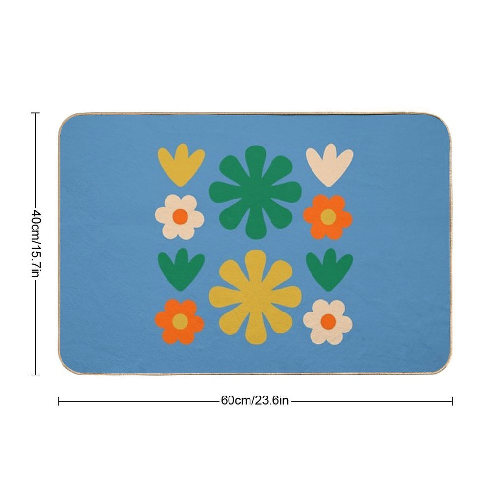 Retro Modern Scandi Flower Grid Pattern Blue Green Mustard Orange Beige  Easy Maintenance Bath Mat