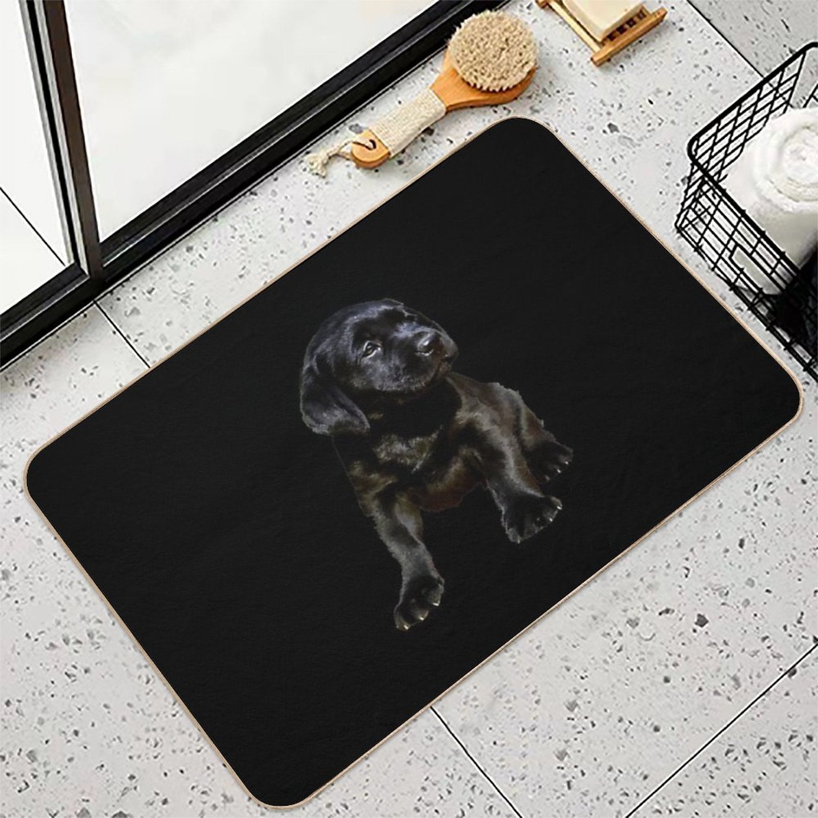 Adorable And Cute Black Labrador Sitting Puppy Vector  Anti-Trip Bath Mat