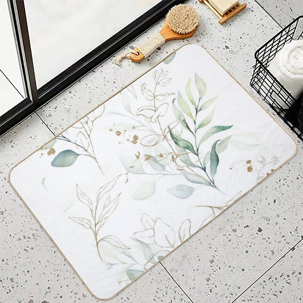 Eucalyptus Leafs And Gold Pattern Watercolor Print by Zouzounio Art  Stain-Proof Bath Mat