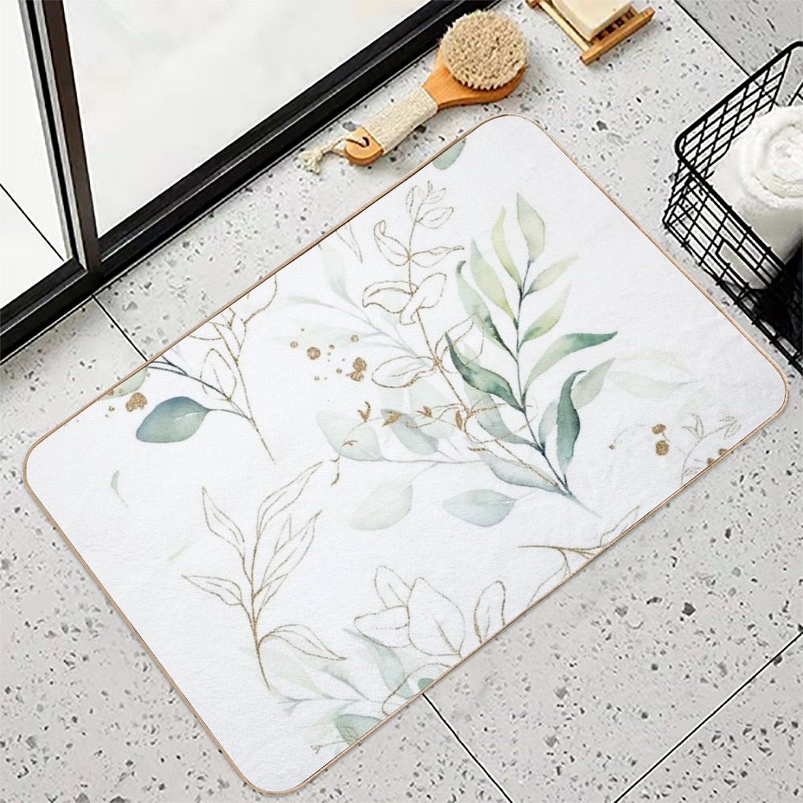 Eucalyptus Leafs And Gold Pattern Watercolor Print by Zouzounio Art  Stain-Proof Bath Mat