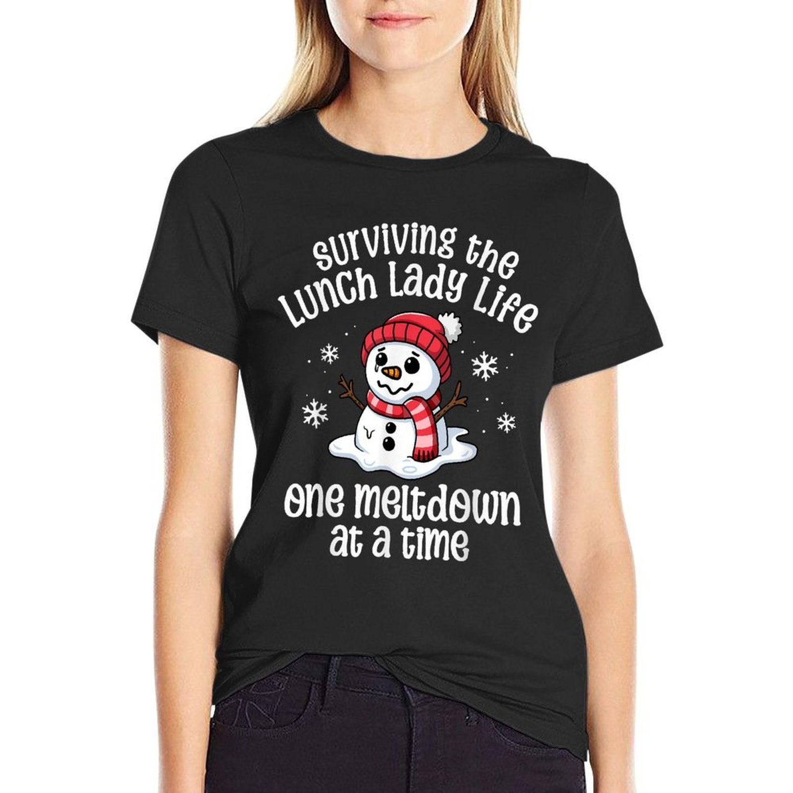 Lunch Lady Christmas One Meltdown At A Time Snowman Winter  Ribbed Collar T-Shirt