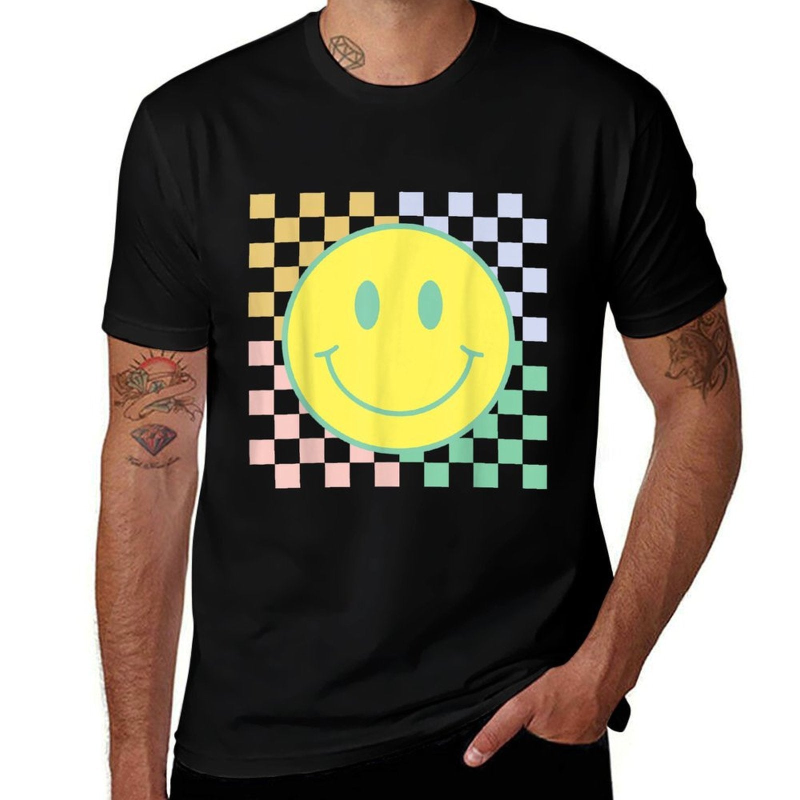 Retro Happy Face Checkered Pattern Smile Face Trendy  Eco-friendly Material T-Shirt