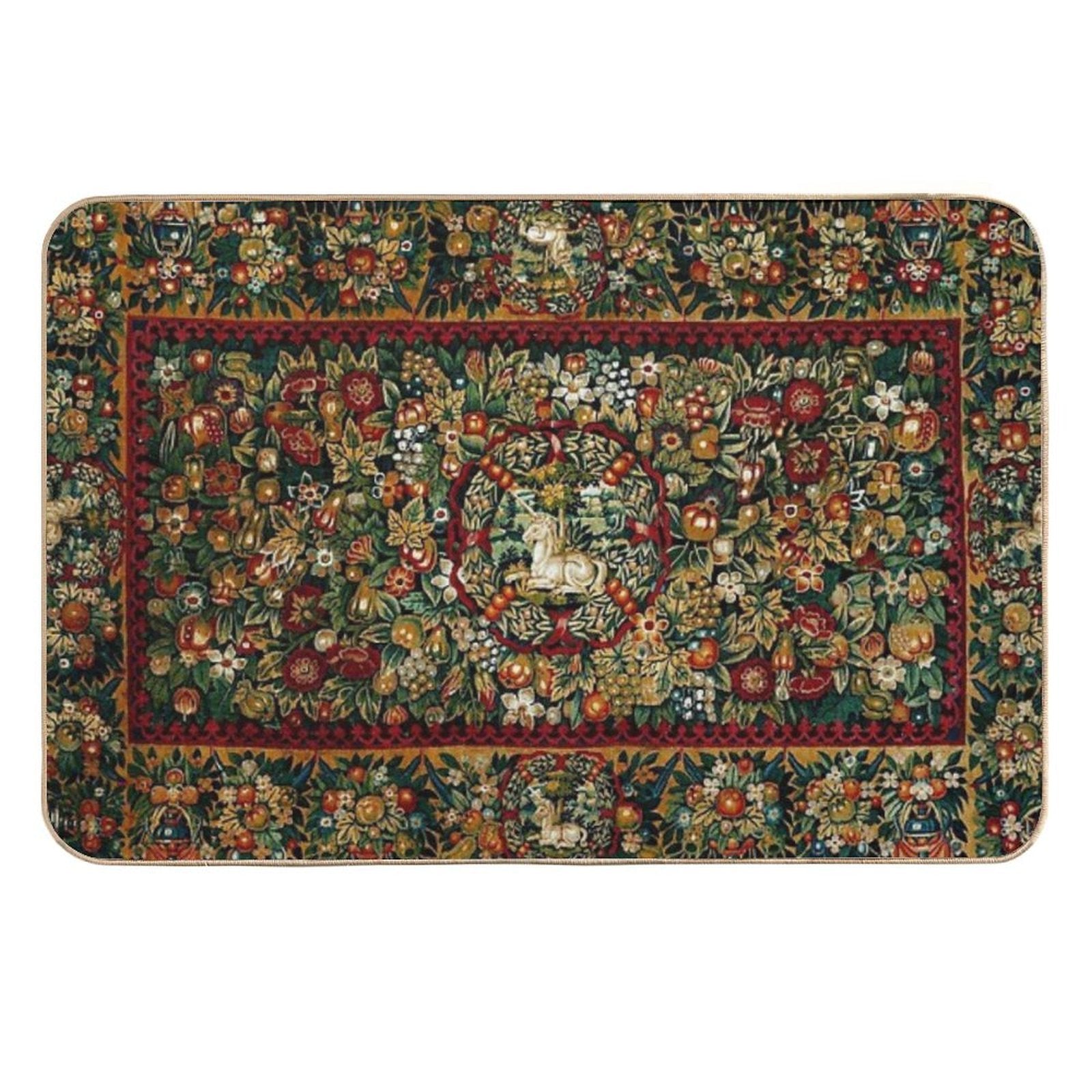 Medieval Unicorn Floral Tapestry  Absorbent Bath Mat